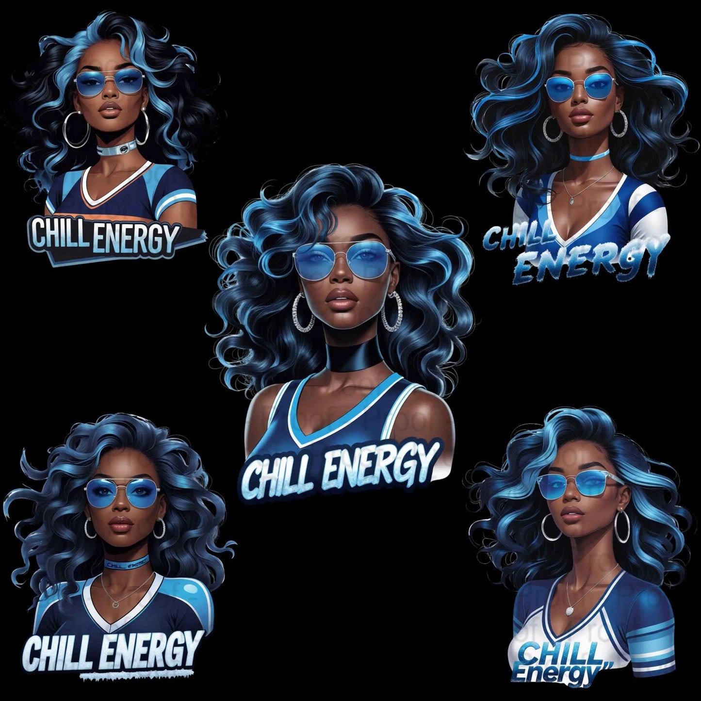 Chill Energy Ice Blue Afro Queen PNG Bundle | 5 High-Res Transparent Sublimation Clipart Files for T-Shirts, Hoodies, Mugs & More Digital File Style-Junction Custom Designs & Prints
