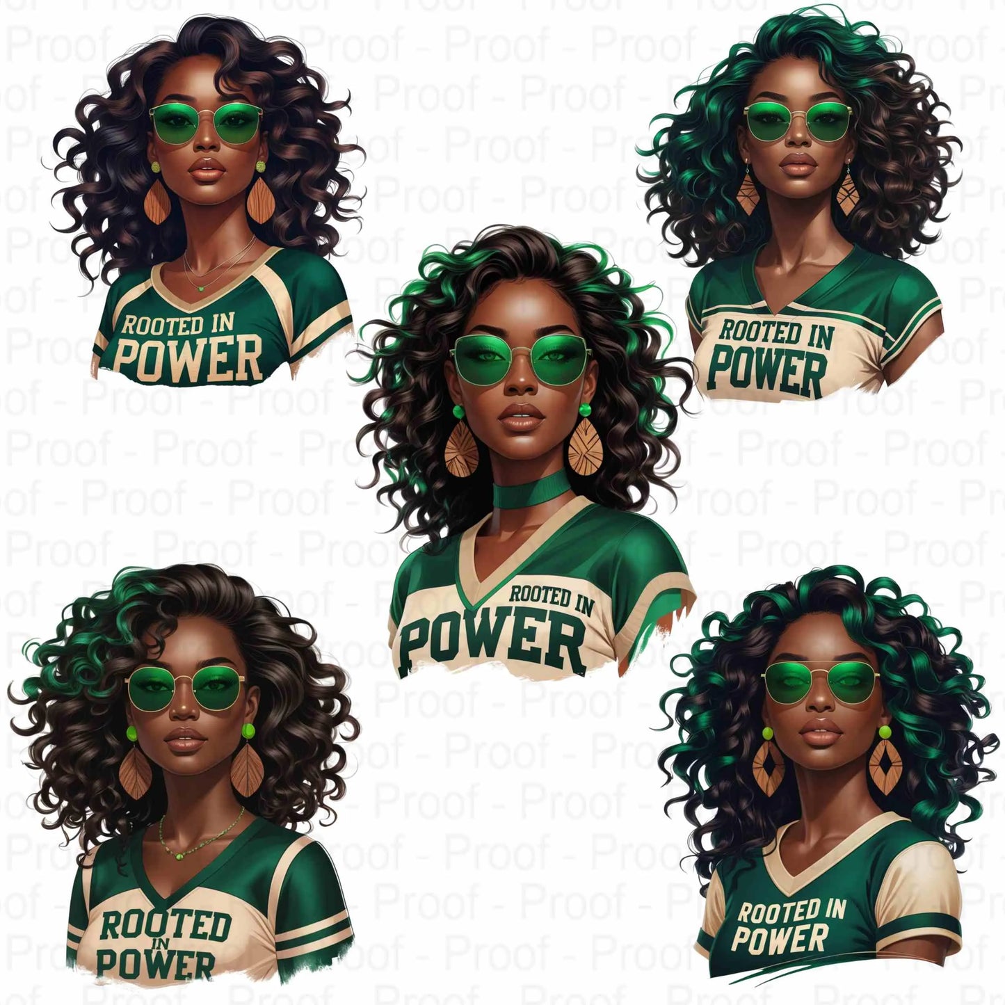 Rooted in Power PNG Bundle | 5 Emerald & Beige Afro Woman Clipart Files | High-Res Transparent Sublimation PNG for Shirts, Mugs, Totes Digital File Style-Junction Custom Designs & Prints