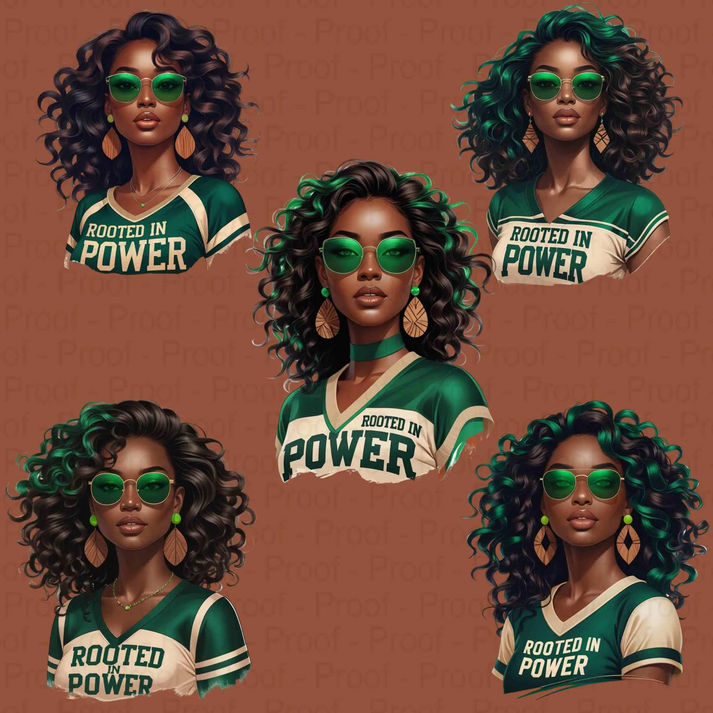 Rooted in Power PNG Bundle | 5 Emerald & Beige Afro Woman Clipart Files | High-Res Transparent Sublimation PNG for Shirts, Mugs, Totes Digital File Style-Junction Custom Designs & Prints