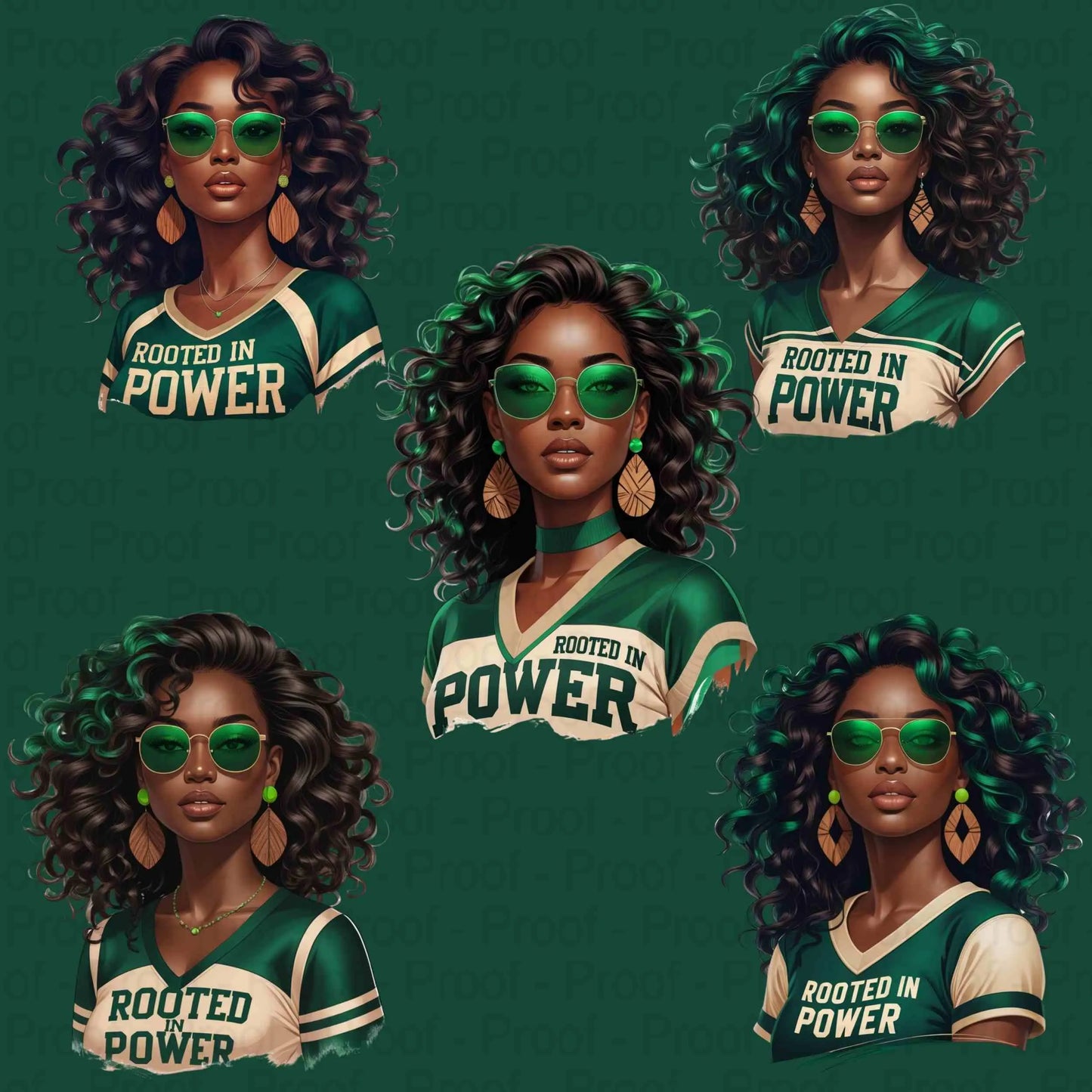 Rooted in Power PNG Bundle | 5 Emerald & Beige Afro Woman Clipart Files | High-Res Transparent Sublimation PNG for Shirts, Mugs, Totes Digital File Style-Junction Custom Designs & Prints