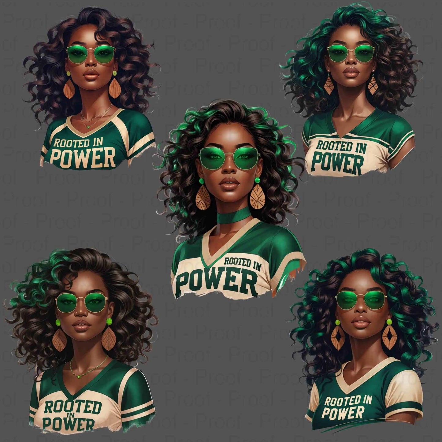 Rooted in Power PNG Bundle | 5 Emerald & Beige Afro Woman Clipart Files | High-Res Transparent Sublimation PNG for Shirts, Mugs, Totes Digital File Style-Junction Custom Designs & Prints
