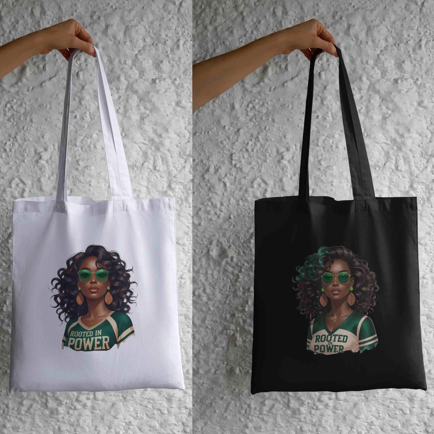Rooted in Power PNG Bundle | 5 Emerald & Beige Afro Woman Clipart Files | High-Res Transparent Sublimation PNG for Shirts, Mugs, Totes Digital File Style-Junction Custom Designs & Prints