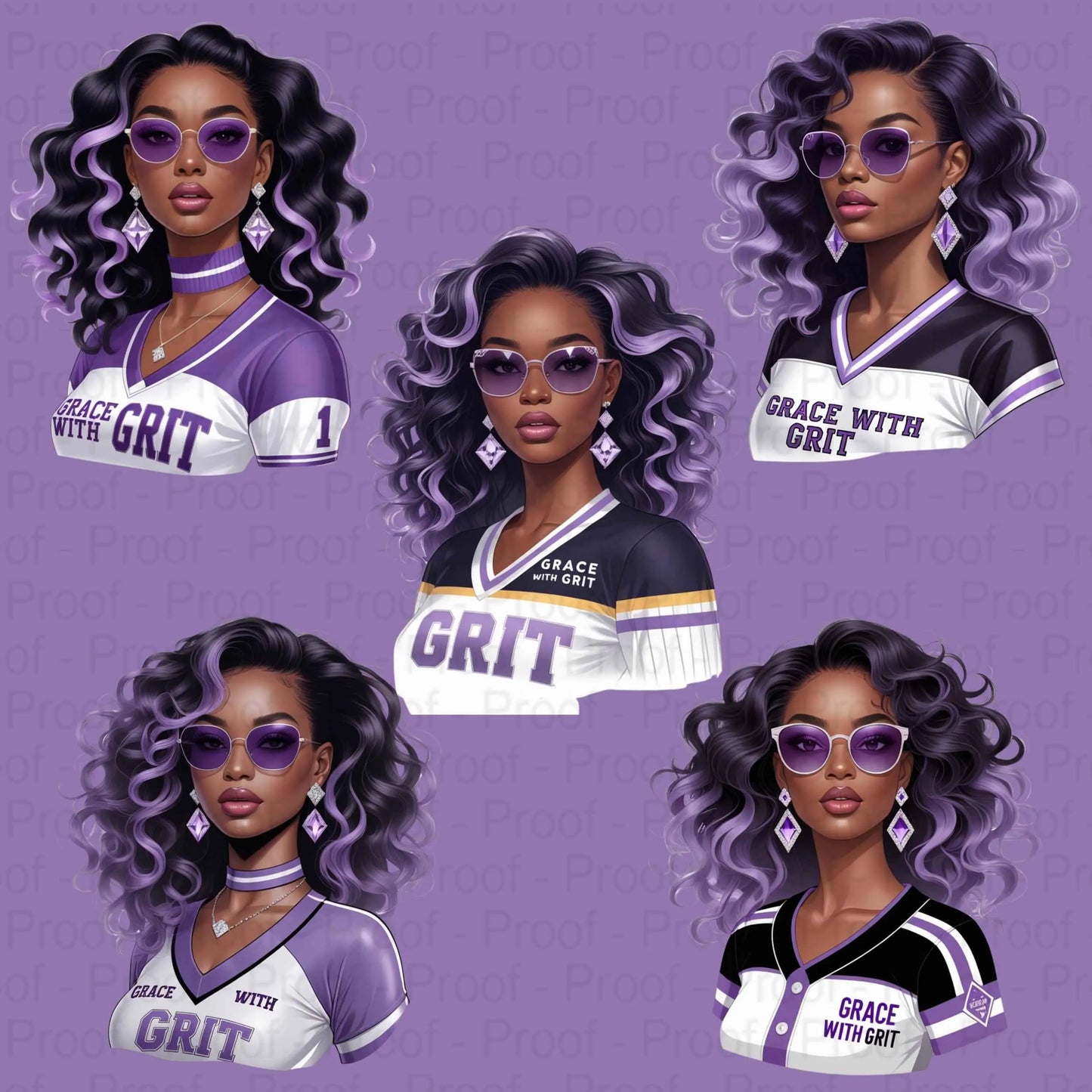 Grace with Grit PNG Bundle | 5 Lavender & White Afro Woman Clipart Files | High-Res Transparent Sublimation PNG for Shirts, Mugs, Totes Digital File Style-Junction Custom Designs & Prints