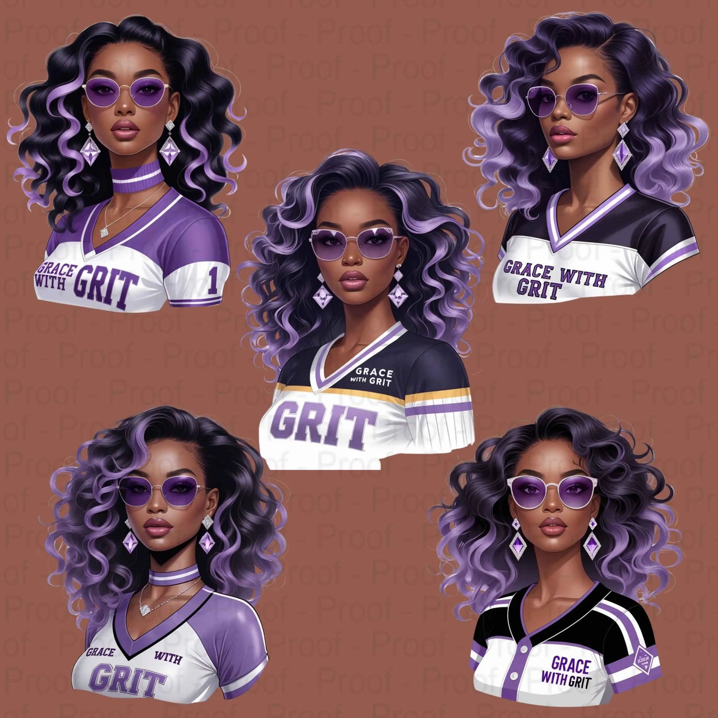 Grace with Grit PNG Bundle | 5 Lavender & White Afro Woman Clipart Files | High-Res Transparent Sublimation PNG for Shirts, Mugs, Totes Digital File Style-Junction Custom Designs & Prints