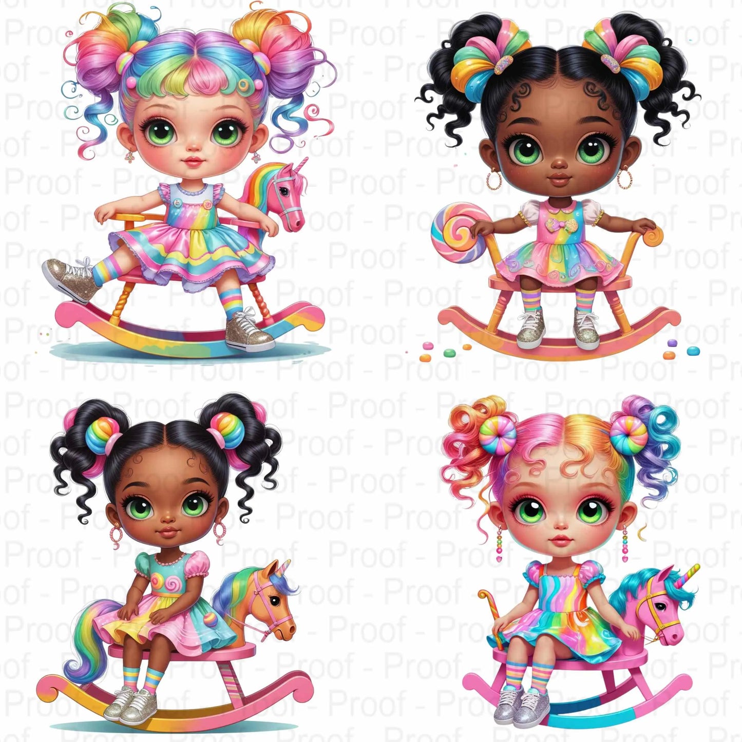 Rainbow Rocking Horse Girl Clipart Bundle | 8 High-Res Transparent PNGs for Sublimation, T-Shirts, Mugs, Tote Bags, and Stickers Digital File Style-Junction Custom Designs & Prints