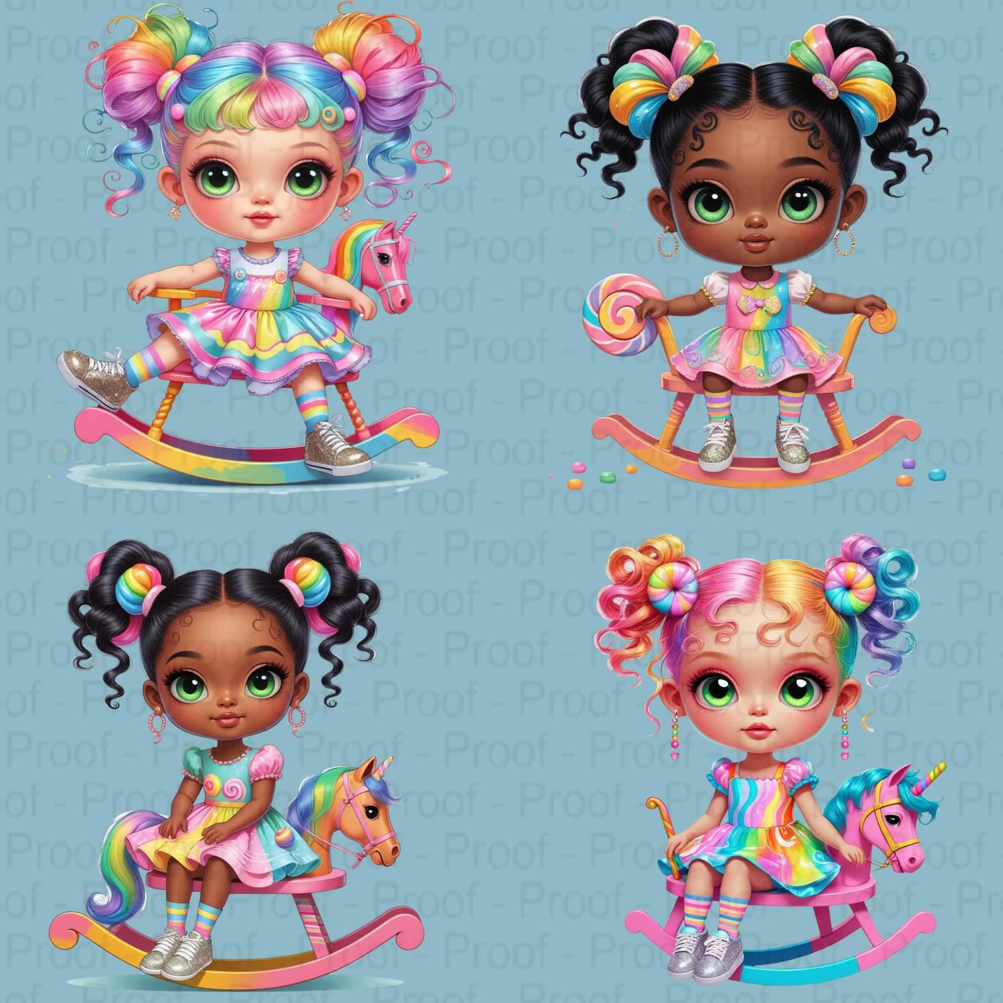 Rainbow Rocking Horse Girl Clipart Bundle | 8 High-Res Transparent PNGs for Sublimation, T-Shirts, Mugs, Tote Bags, and Stickers Digital File Style-Junction Custom Designs & Prints
