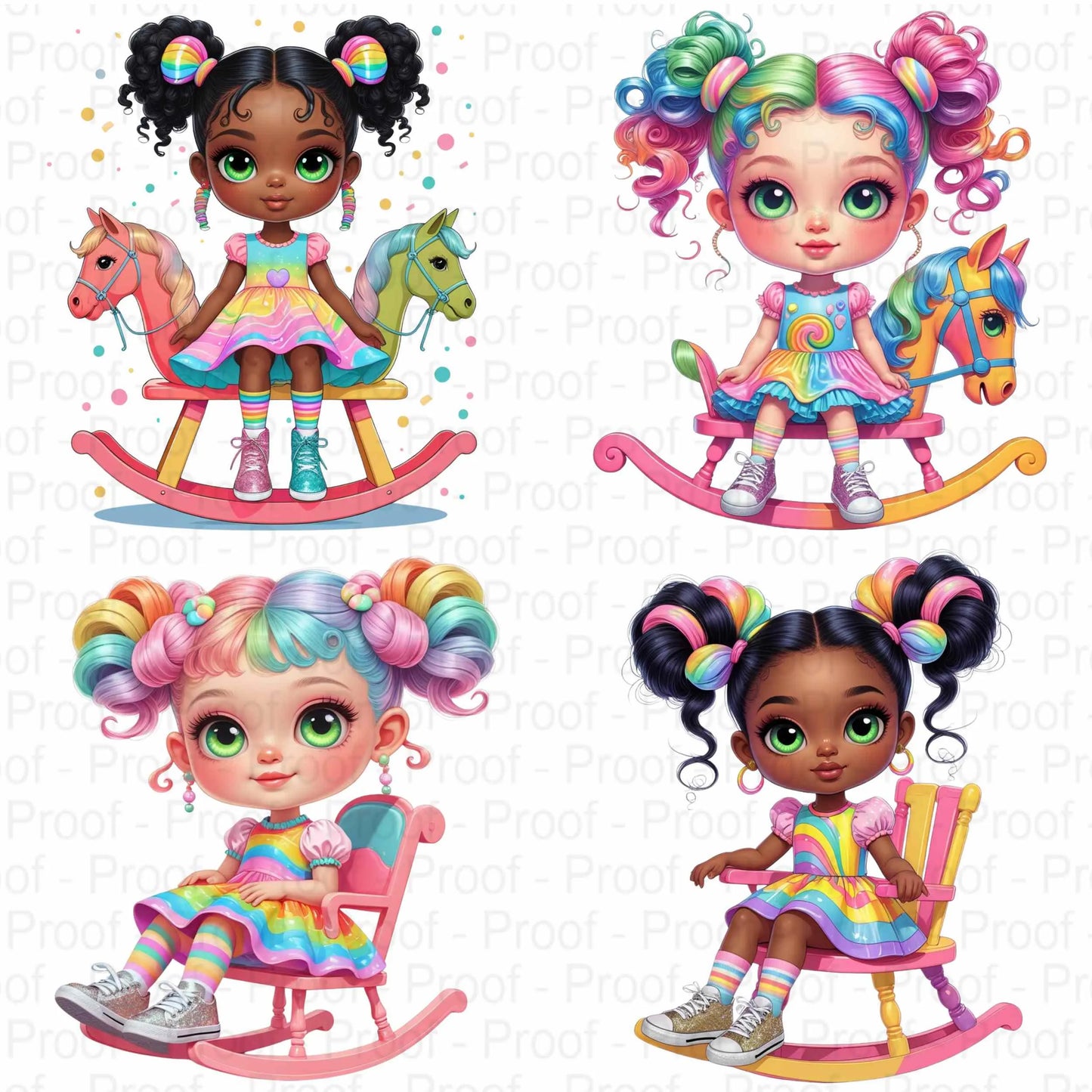 Rainbow Rocking Horse Girl Clipart Bundle | 8 High-Res Transparent PNGs for Sublimation, T-Shirts, Mugs, Tote Bags, and Stickers Digital File Style-Junction Custom Designs & Prints