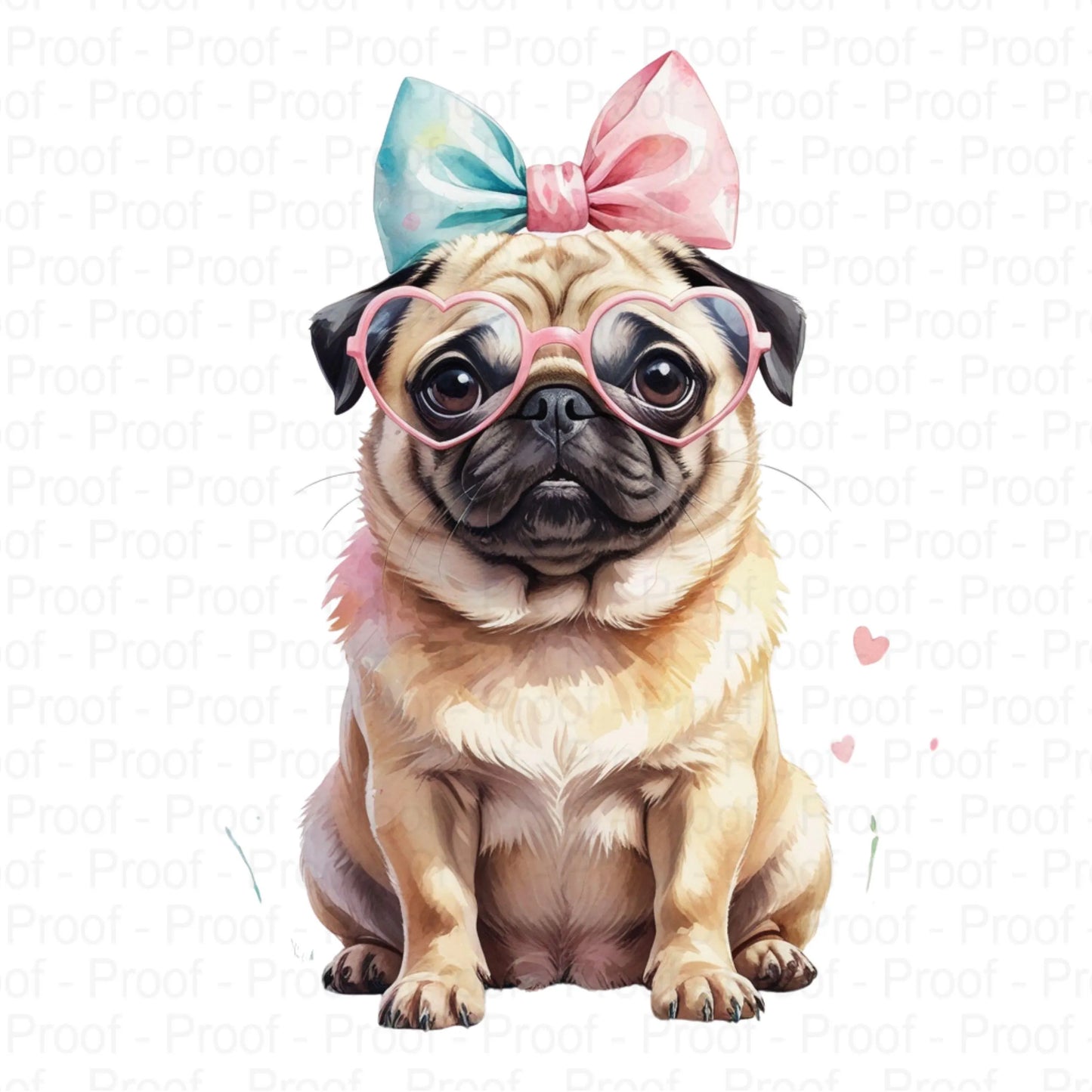 Adorable 4 Pug with Bow & Heart Glasses Watercolor PNG | Cute Full-Body Dog Clipart | Transparent Digital Download for Sublimation DIY Digital File Style-Junction Custom Designs & Prints