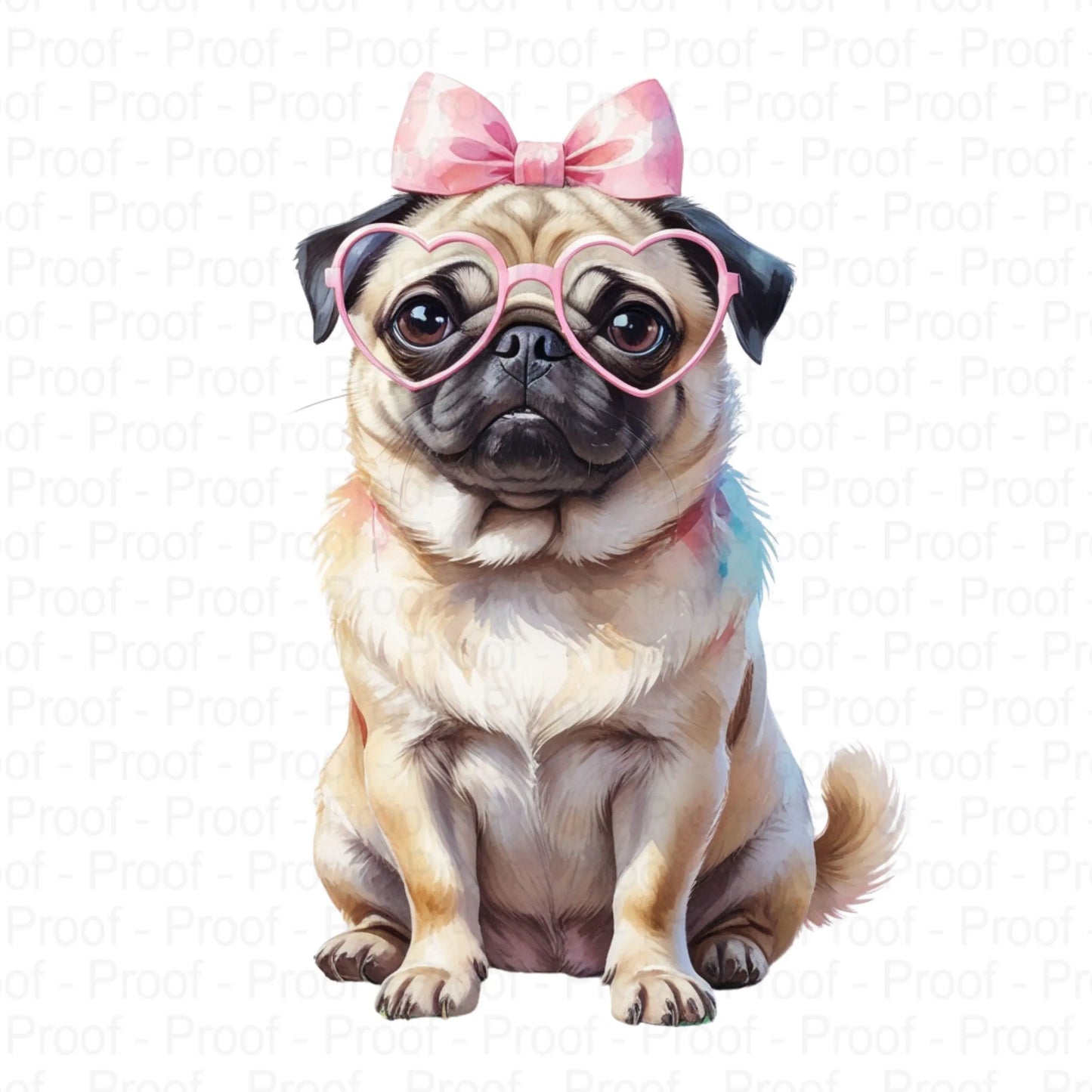 Adorable 4 Pug with Bow & Heart Glasses Watercolor PNG | Cute Full-Body Dog Clipart | Transparent Digital Download for Sublimation DIY Digital File Style-Junction Custom Designs & Prints