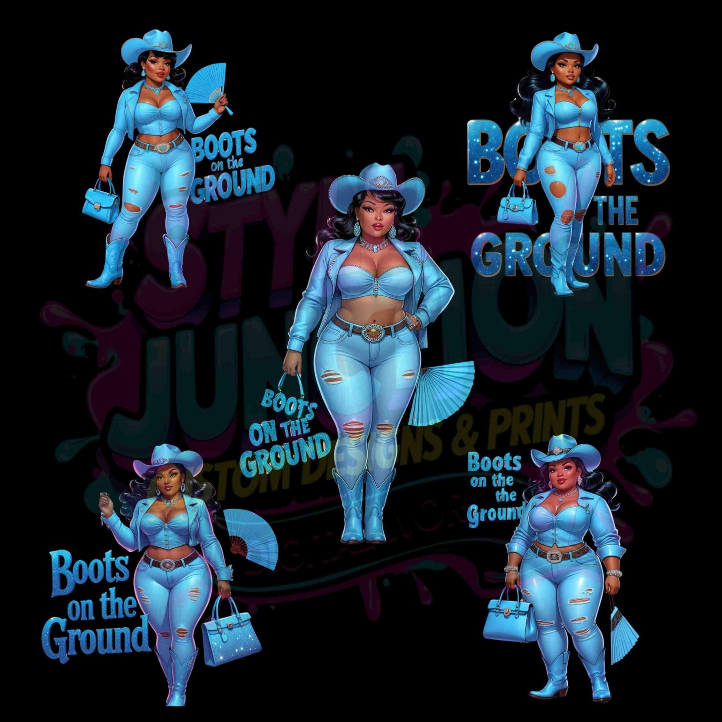 Thick Curvy Cowgirl Light Blue Digital 5 PNG File | Black Cowgirl "Boots on the Ground" Transparent 300 DPI Clipart for T-Shirts & More Digital File Style-Junction Custom Designs & Prints