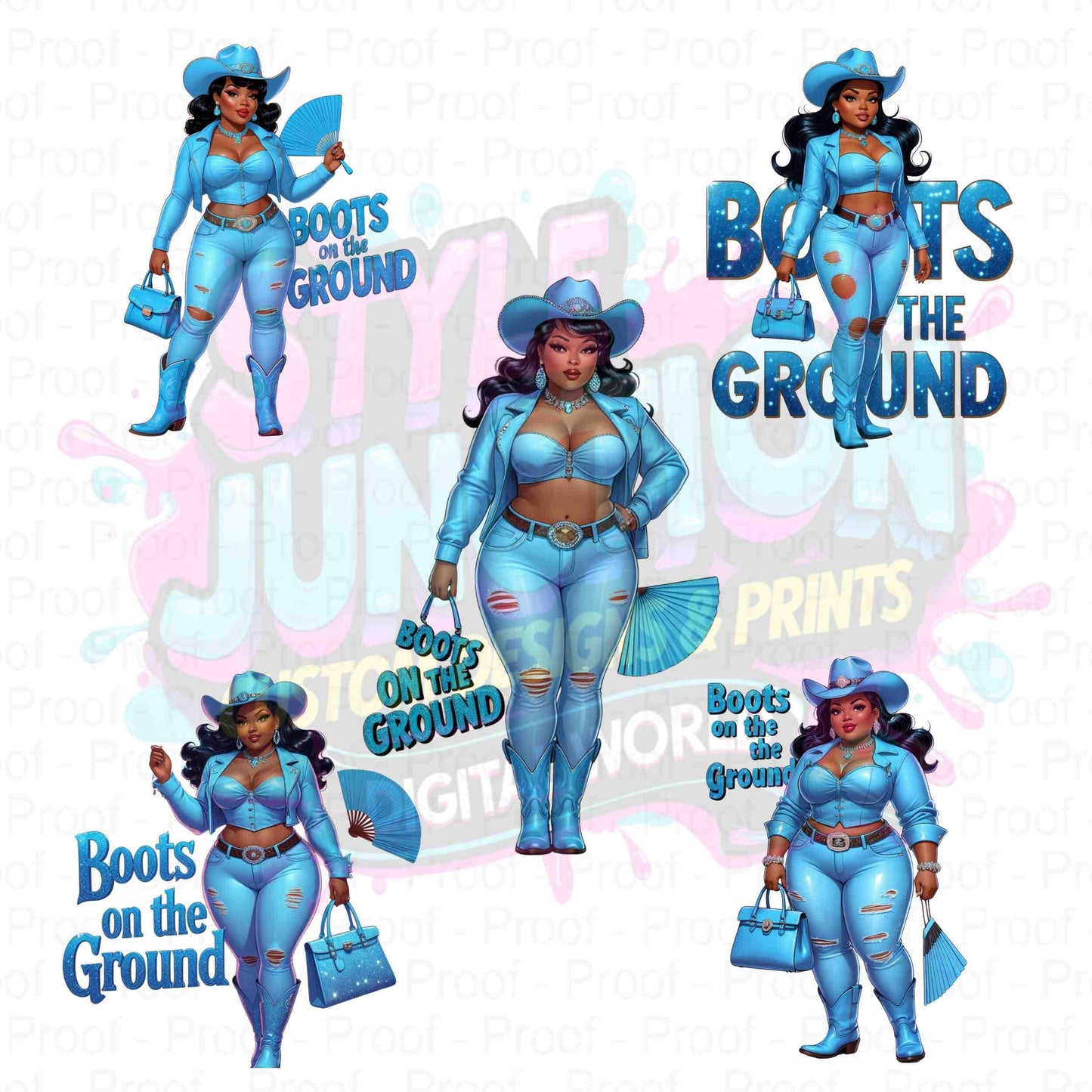 Thick Curvy Cowgirl Light Blue Digital 5 PNG File | Black Cowgirl "Boots on the Ground" Transparent 300 DPI Clipart for T-Shirts & More Digital File Style-Junction Custom Designs & Prints
