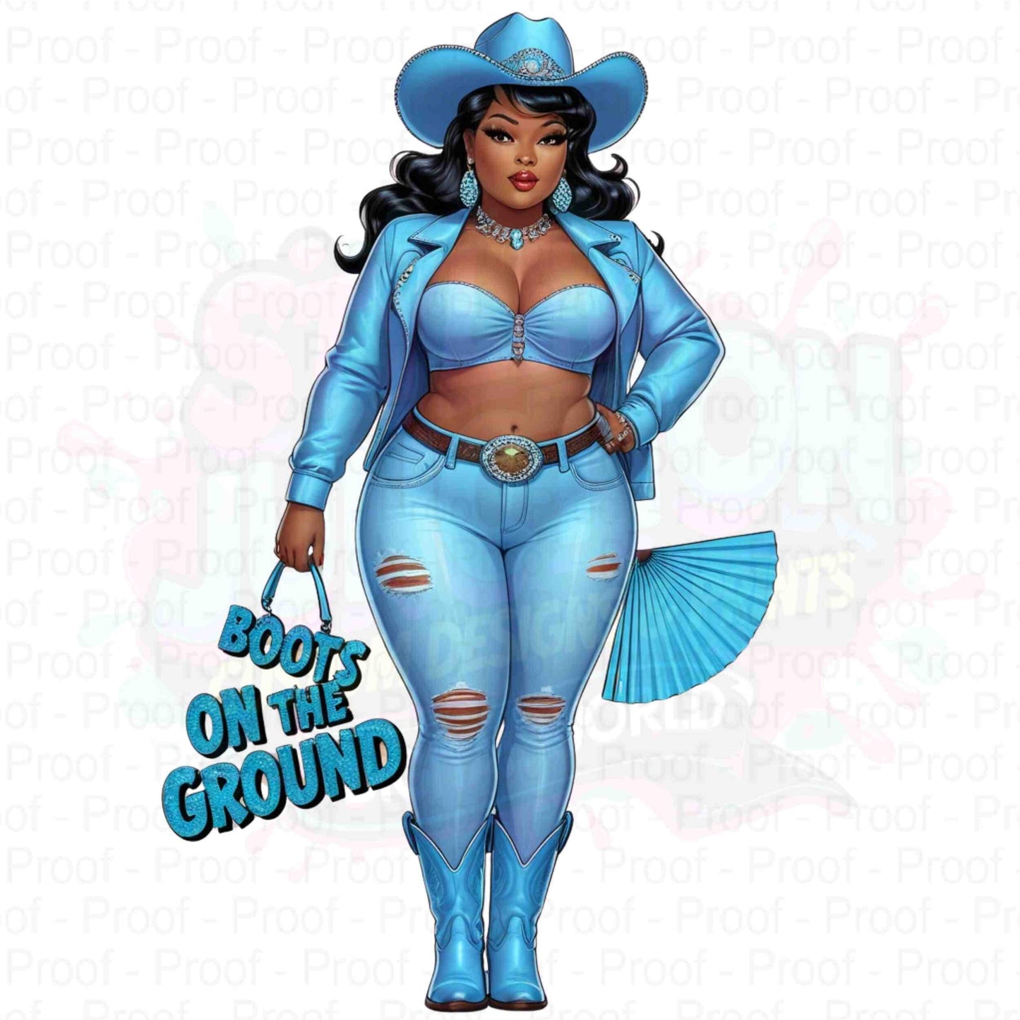 Thick Curvy Cowgirl Light Blue Digital 5 PNG File | Black Cowgirl "Boots on the Ground" Transparent 300 DPI Clipart for T-Shirts & More Digital File Style-Junction Custom Designs & Prints