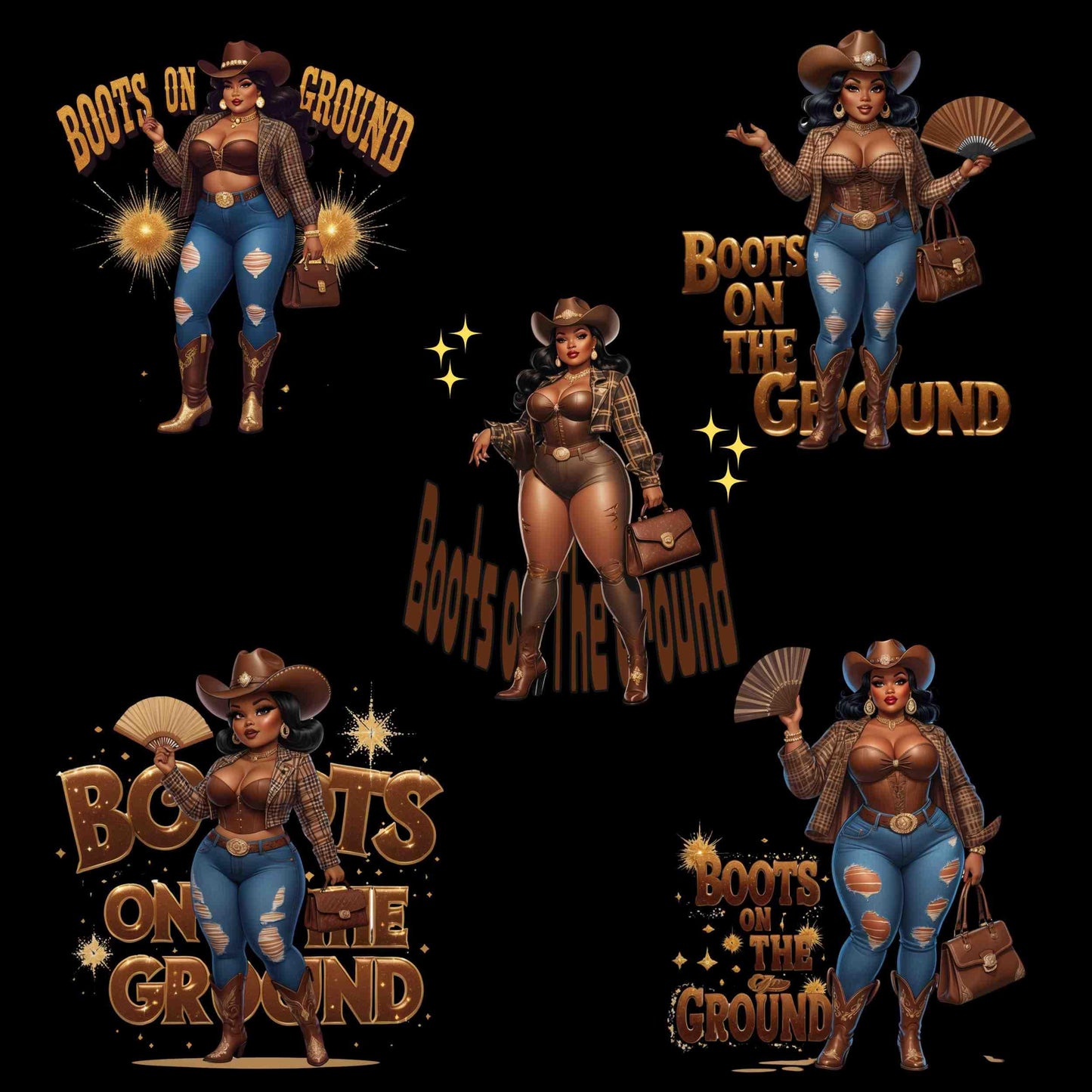 Thick Curvy Cowgirl PNG Bundle | Glam Western Style "Boots on the Ground" Afro-American Art | Transparent Digital Files, 300 DPI Digital File Style-Junction Custom Designs & Prints