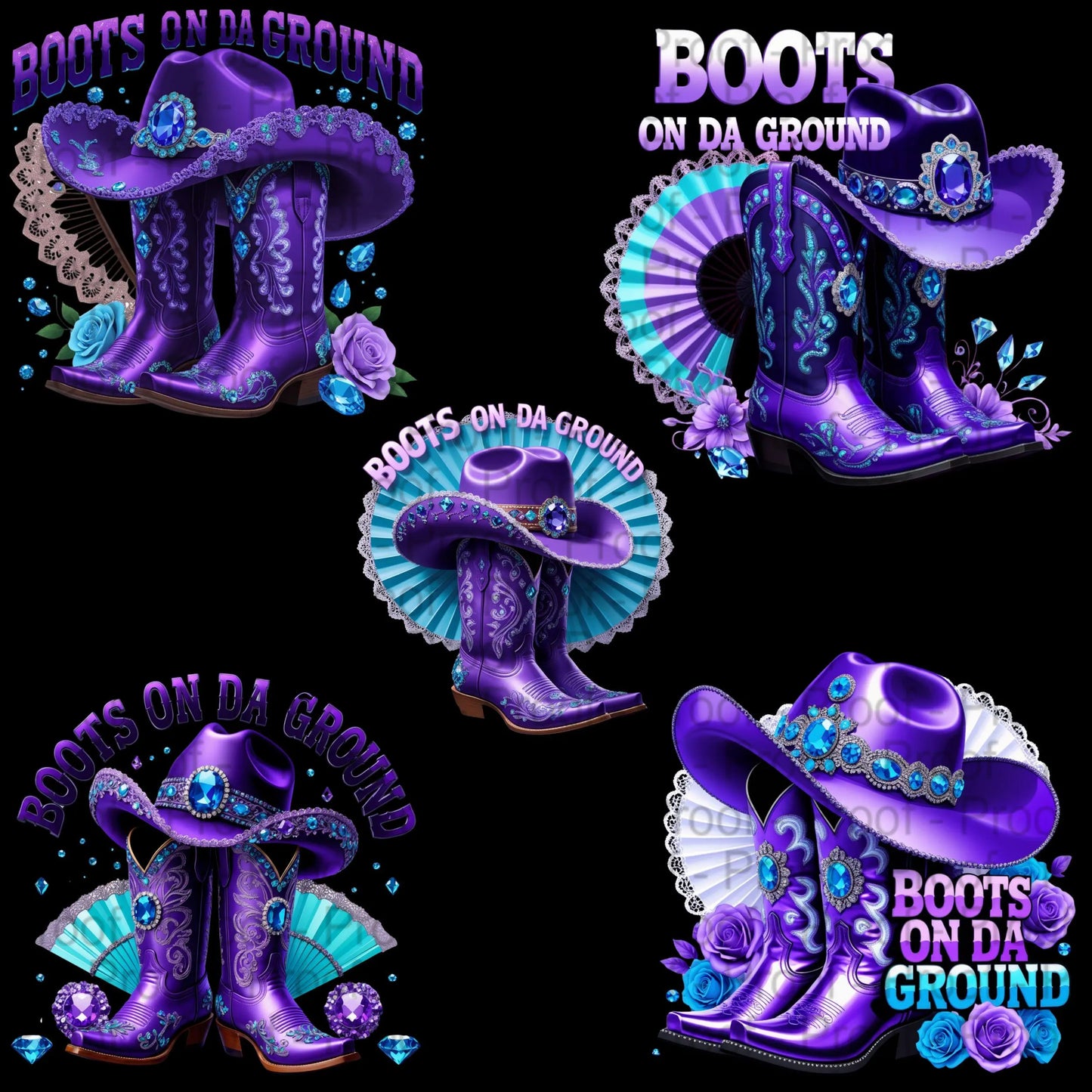 Purple Cowgirl Boots Hat Fan Floral "Boots On Da Ground" PNG Bundle – 5 Unique High-Res Transparent Files for Sublimation & Printables Digital File Style-Junction Custom Designs & Prints