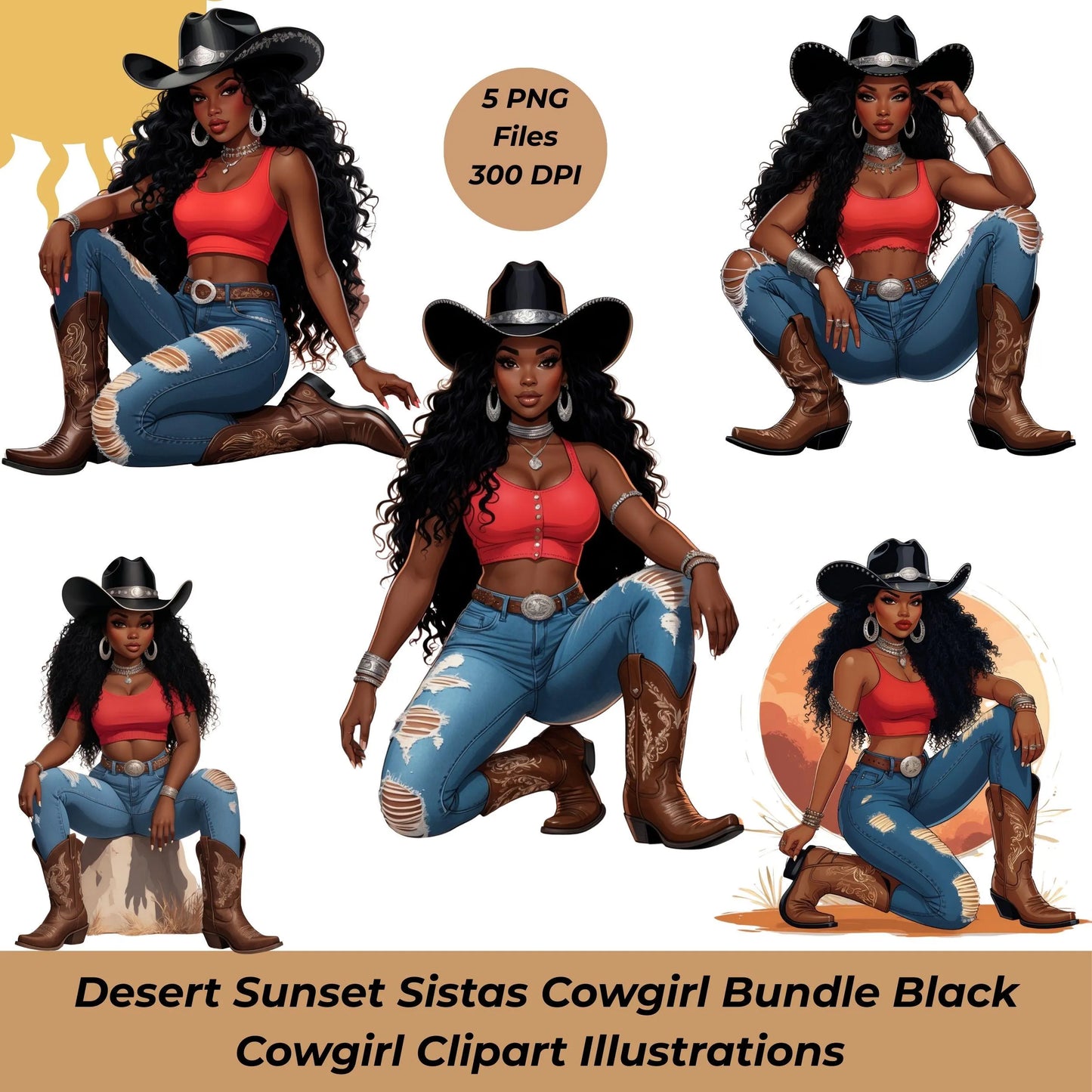 Desert Sunset Sistas Cowgirl PNG Bundle | 5 Black Cowgirl Clipart Illustrations | Transparent PNGs for Sublimation T-Shirts, Mugs. Digital File Style-Junction Custom Designs & Prints