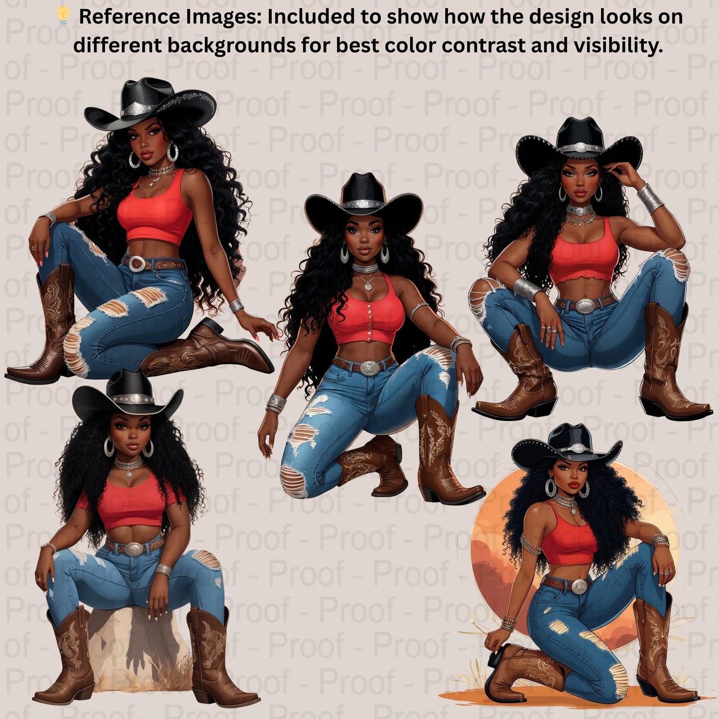 Desert Sunset Sistas Cowgirl PNG Bundle | 5 Black Cowgirl Clipart Illustrations | Transparent PNGs for Sublimation T-Shirts, Mugs. Digital File Style-Junction Custom Designs & Prints