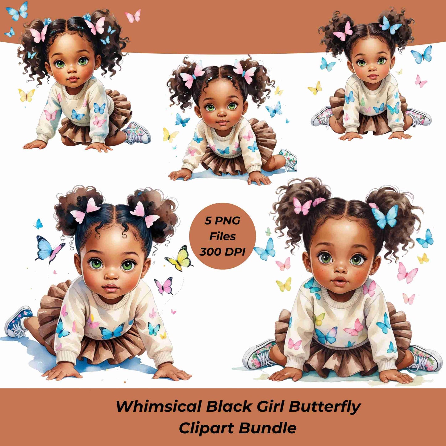 Whimsical Black Girl Butterfly Clipart Bundle | 5 PNGs | Watercolor Toddler Art for Sublimation, T-Shirts, Mugs, Tote Bags | 300 DPI Digital File Style-Junction Custom Designs & Prints