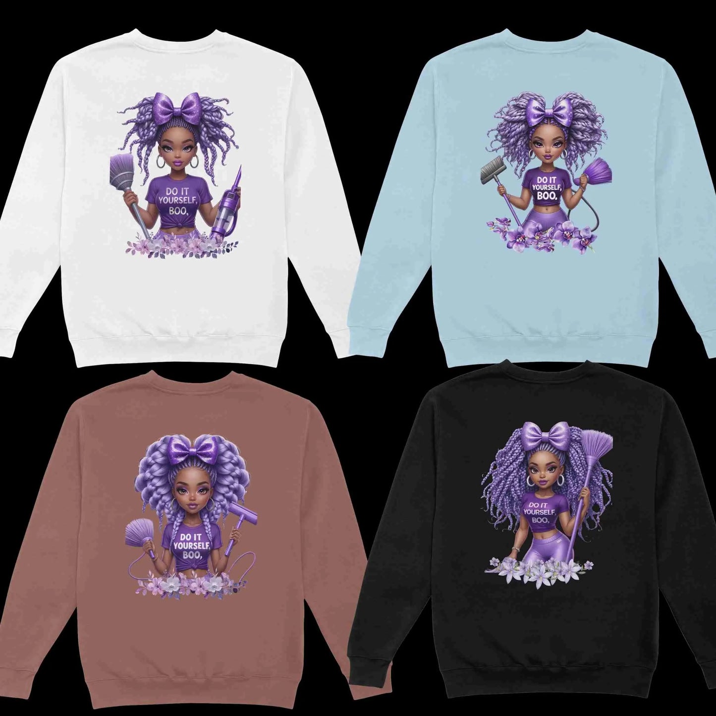 Black Girl Lavender Clipart Bundle “Do It Yourself Boo” | 4 High-Res Sublimation PNGs | Transparent, 300 DPI for Shirts, Mugs, Totes & More Digital File Style-Junction Custom Designs & Prints