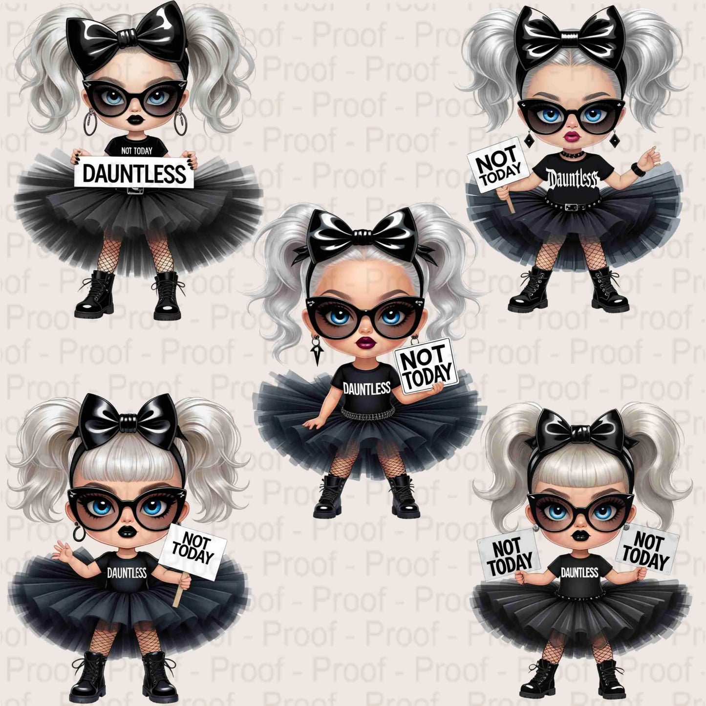 Goth Girl Clipart PNG Bundle | “Not Today" "Dauntless” | 5 Transparent High-Res PNGs for Sublimation, T-Shirts, Mugs, Wall Art & More Digital File Style-Junction Custom Designs & Prints