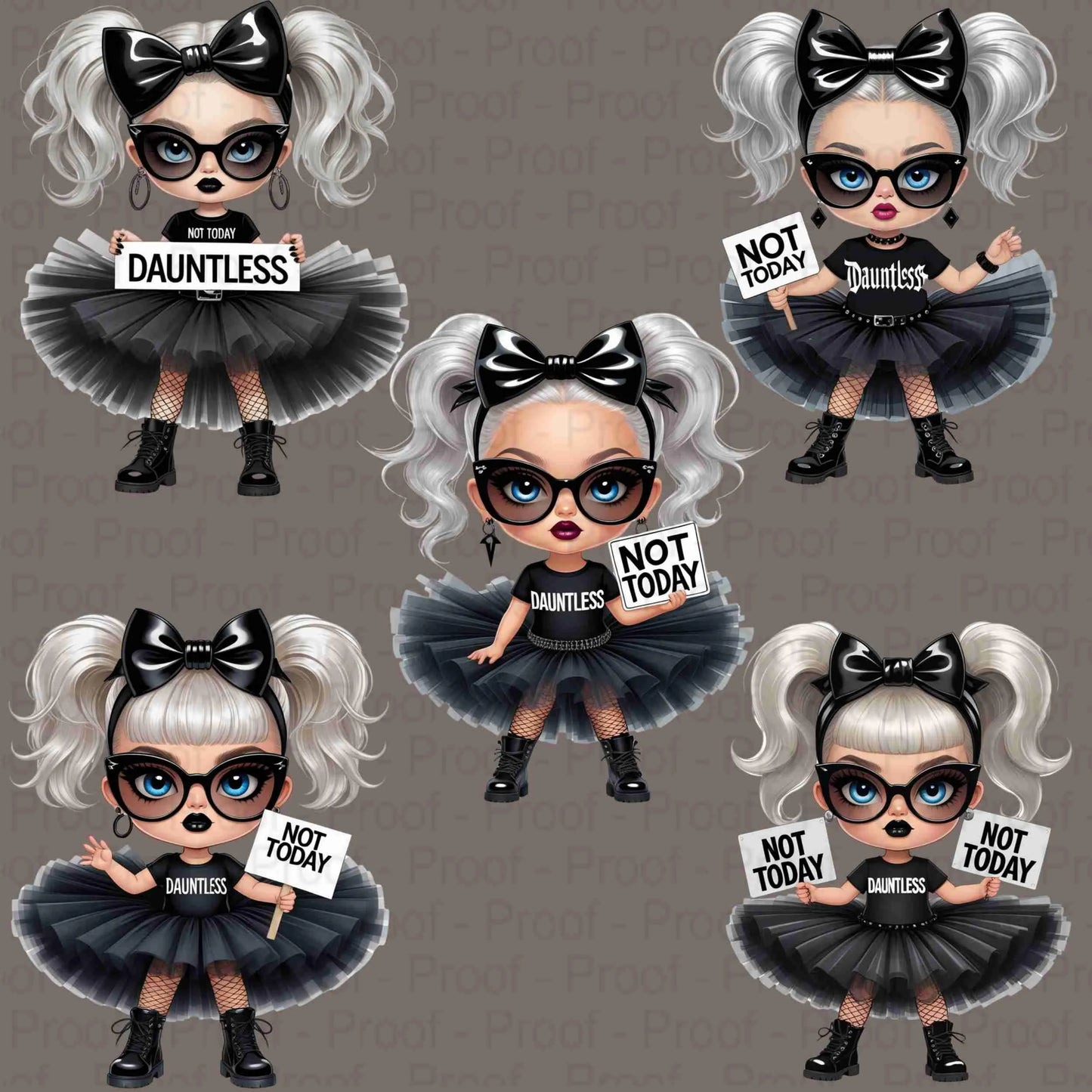Goth Girl Clipart PNG Bundle | “Not Today" "Dauntless” | 5 Transparent High-Res PNGs for Sublimation, T-Shirts, Mugs, Wall Art & More Digital File Style-Junction Custom Designs & Prints