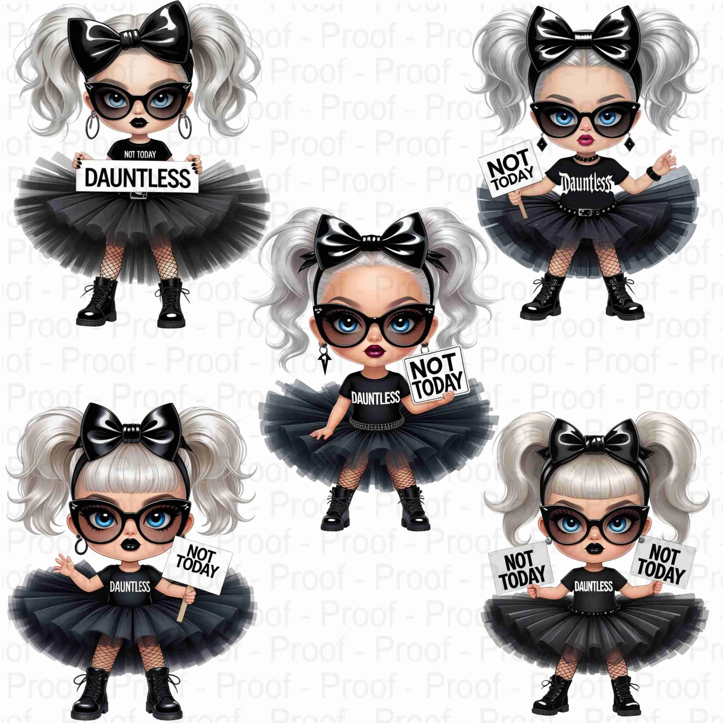 Goth Girl Clipart PNG Bundle | “Not Today" "Dauntless” | 5 Transparent High-Res PNGs for Sublimation, T-Shirts, Mugs, Wall Art & More Digital File Style-Junction Custom Designs & Prints