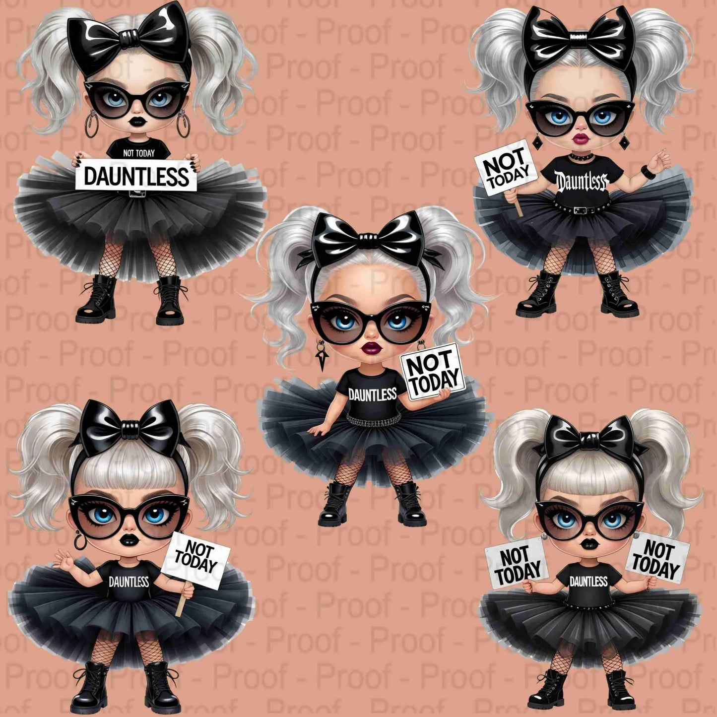 Goth Girl Clipart PNG Bundle | “Not Today" "Dauntless” | 5 Transparent High-Res PNGs for Sublimation, T-Shirts, Mugs, Wall Art & More Digital File Style-Junction Custom Designs & Prints