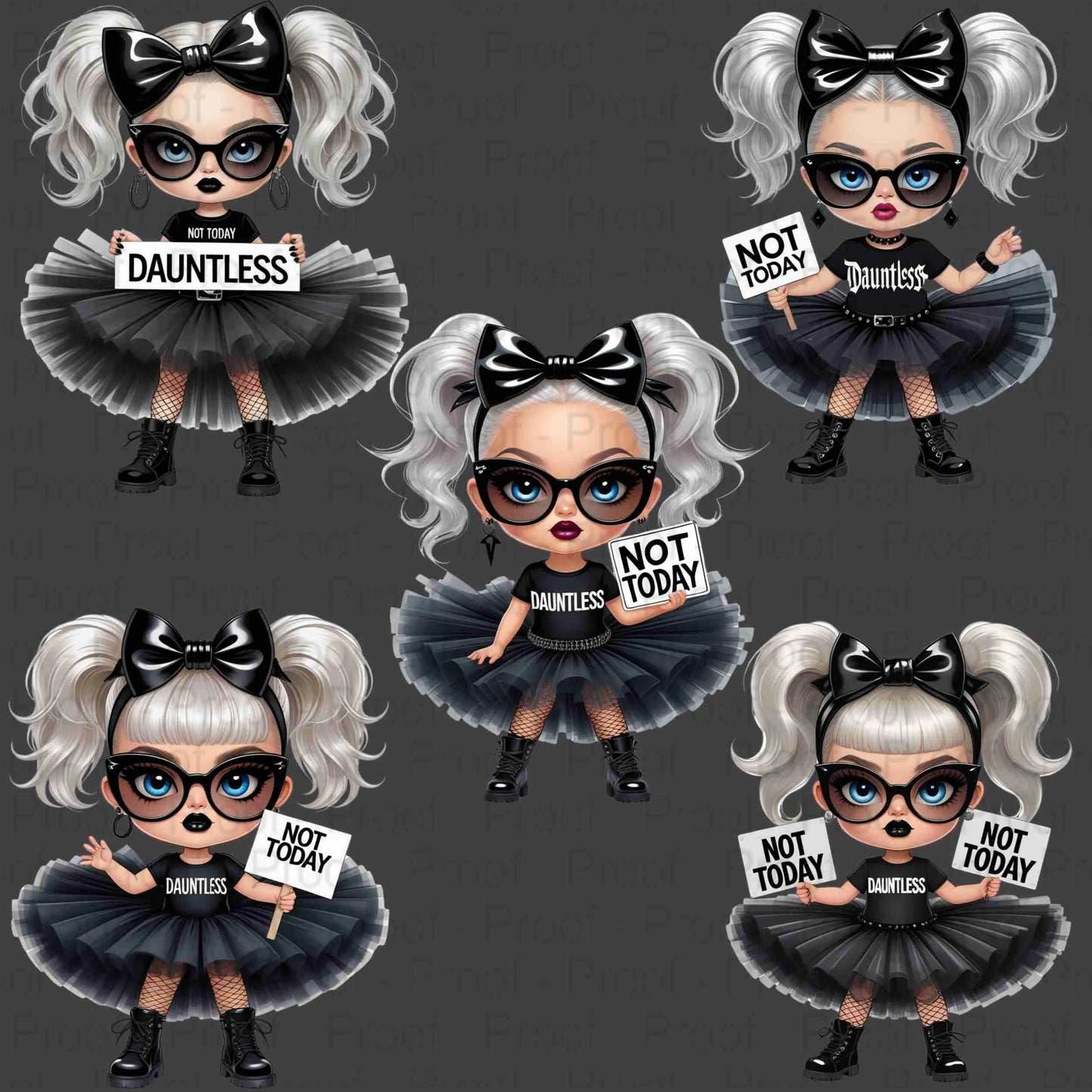 Goth Girl Clipart PNG Bundle | “Not Today" "Dauntless” | 5 Transparent High-Res PNGs for Sublimation, T-Shirts, Mugs, Wall Art & More Digital File Style-Junction Custom Designs & Prints