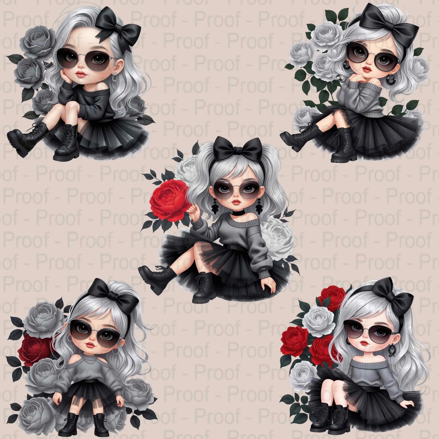 Monochrome Queen PNG Bundle | 5 Grayscale Fashion Girl Clipart Files | High-Res Transparent PNG for Sublimation, Mugs, Apparel & More Digital File Style-Junction Custom Designs & Prints
