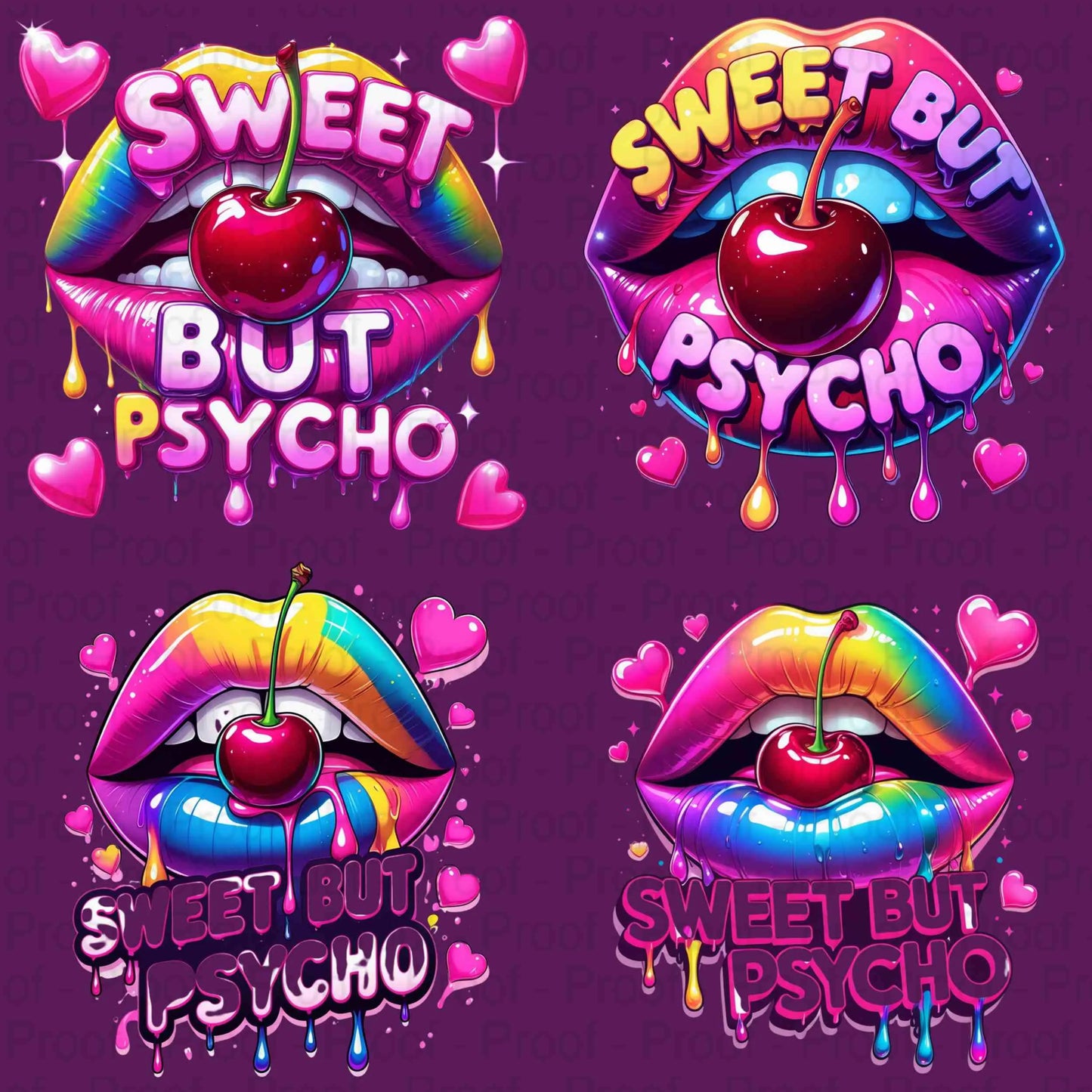 Sweet But Psycho Lips PNG Bundle | 4 Neon Rainbow Drip Cherry Mouth Sublimation Transparent Files for T-Shirts, Mugs, Stickers & More Digital File Style-Junction Custom Designs & Prints
