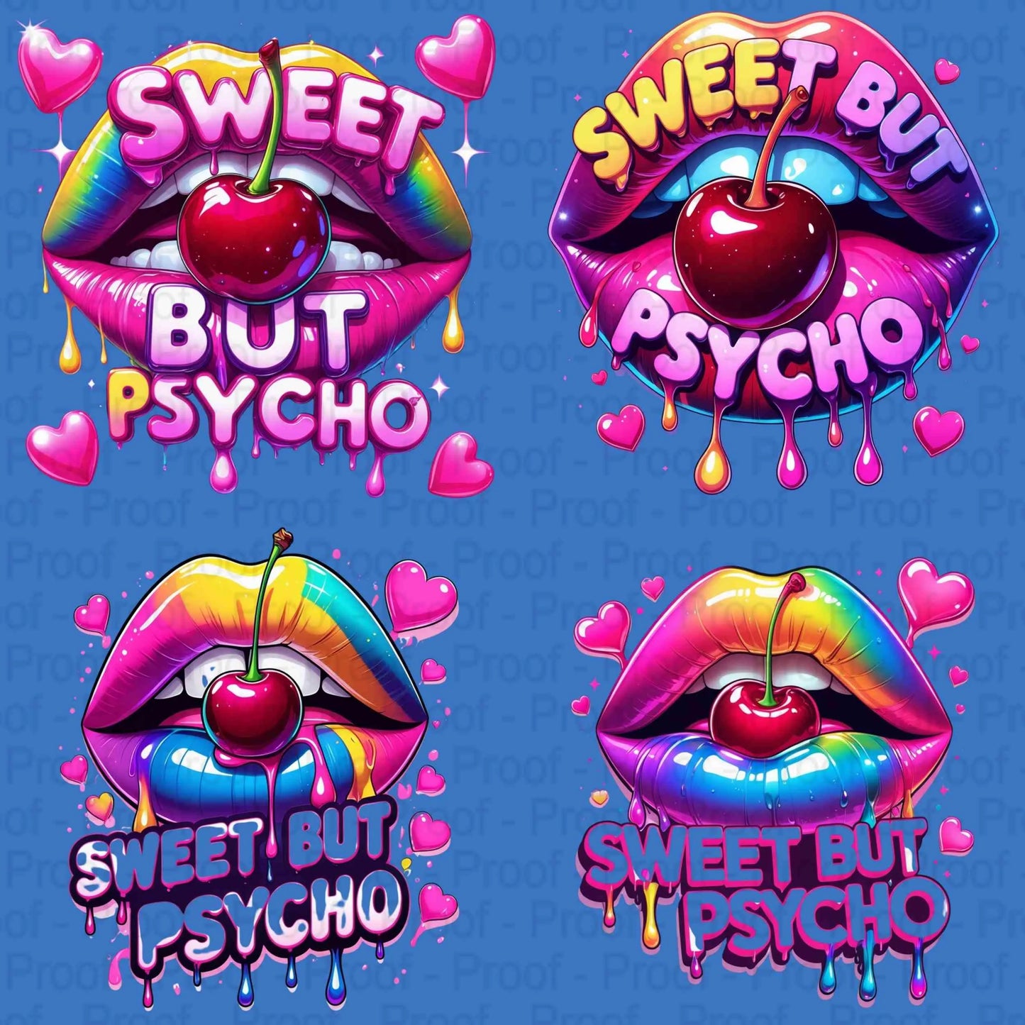 Sweet But Psycho Lips PNG Bundle | 4 Neon Rainbow Drip Cherry Mouth Sublimation Transparent Files for T-Shirts, Mugs, Stickers & More Digital File Style-Junction Custom Designs & Prints