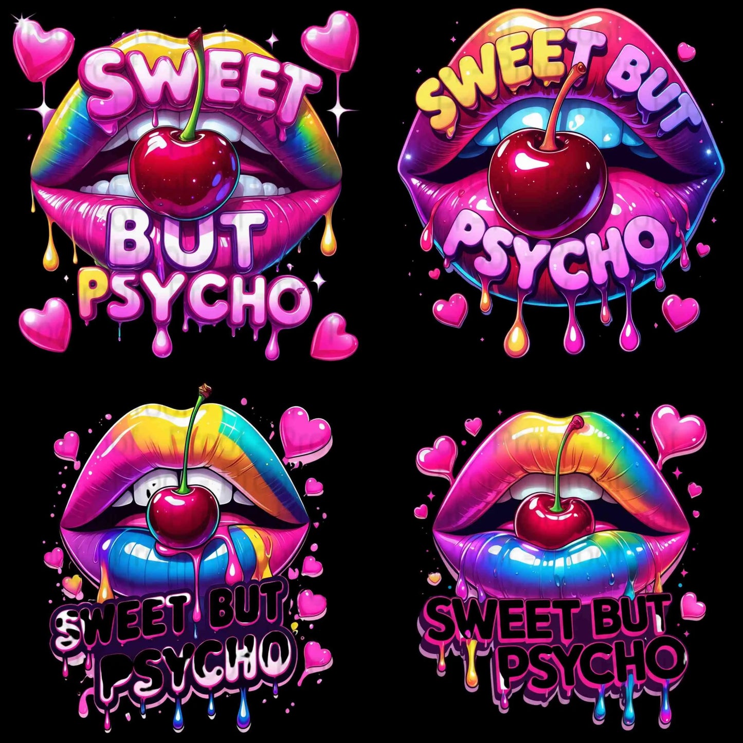 Sweet But Psycho Lips PNG Bundle | 4 Neon Rainbow Drip Cherry Mouth Sublimation Transparent Files for T-Shirts, Mugs, Stickers & More Digital File Style-Junction Custom Designs & Prints