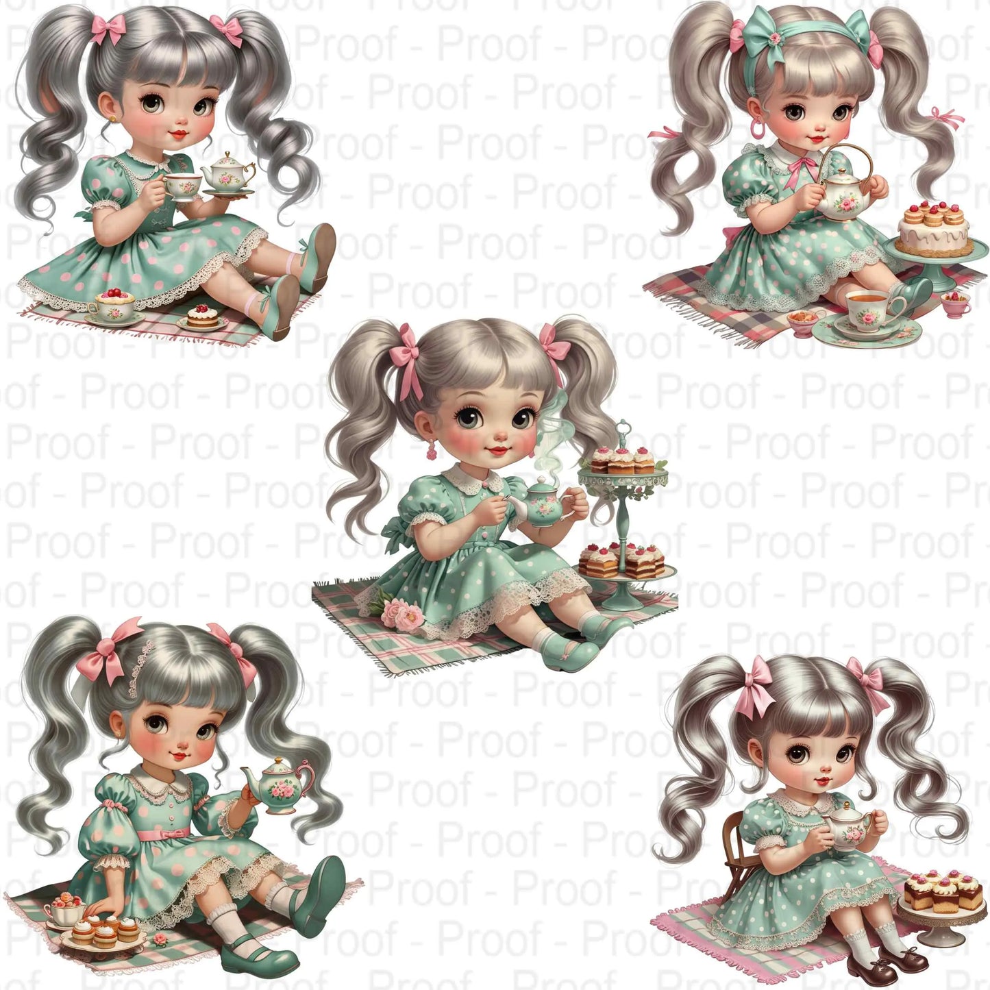 Tea Party Girl Clipart PNG Bundle – Vintage Pastel Dolls with Teacups & Cakes for Sublimation, T-Shirts, Tote Bags, High-Res PNG Digital File Style-Junction Custom Designs & Prints