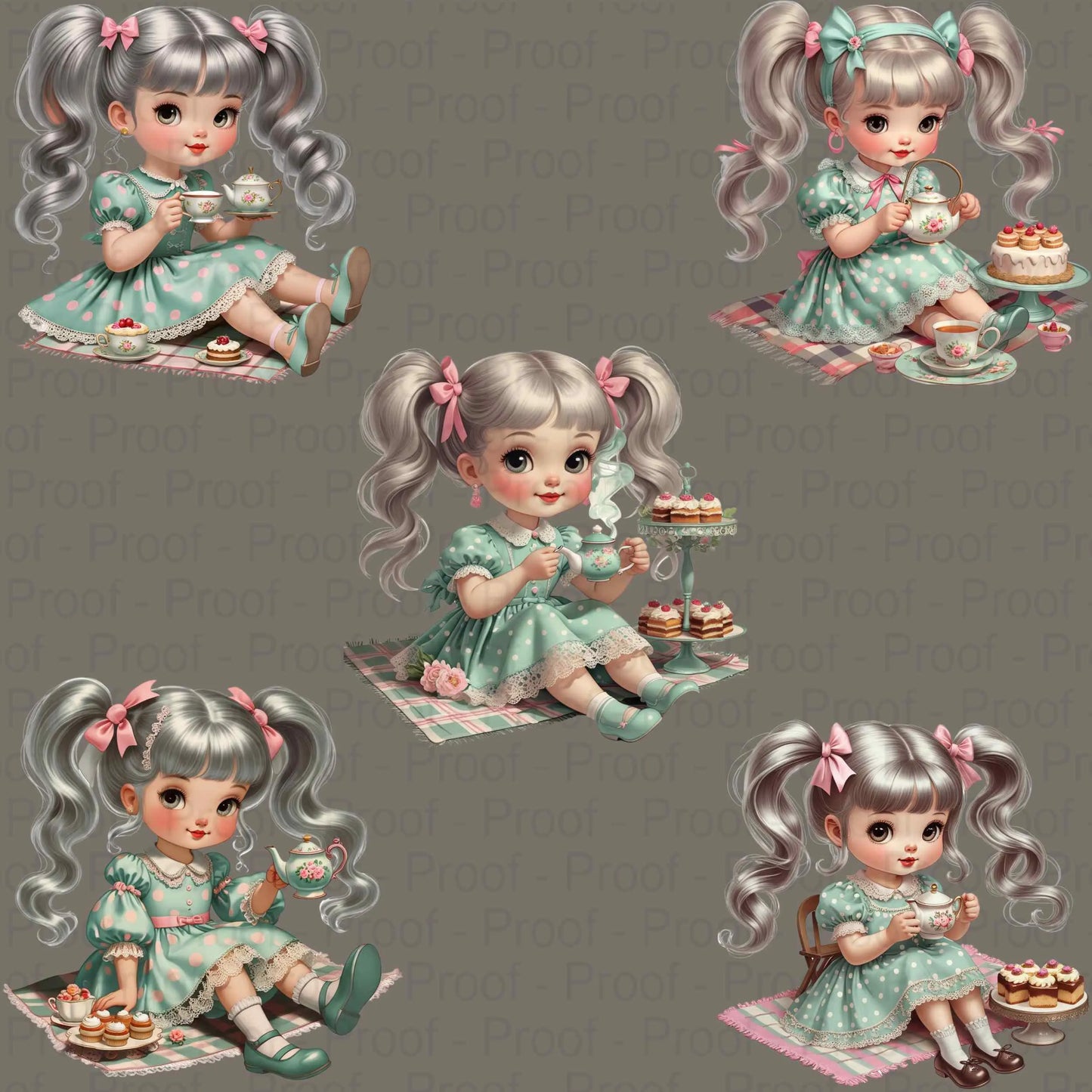 Tea Party Girl Clipart PNG Bundle – Vintage Pastel Dolls with Teacups & Cakes for Sublimation, T-Shirts, Tote Bags, High-Res PNG Digital File Style-Junction Custom Designs & Prints