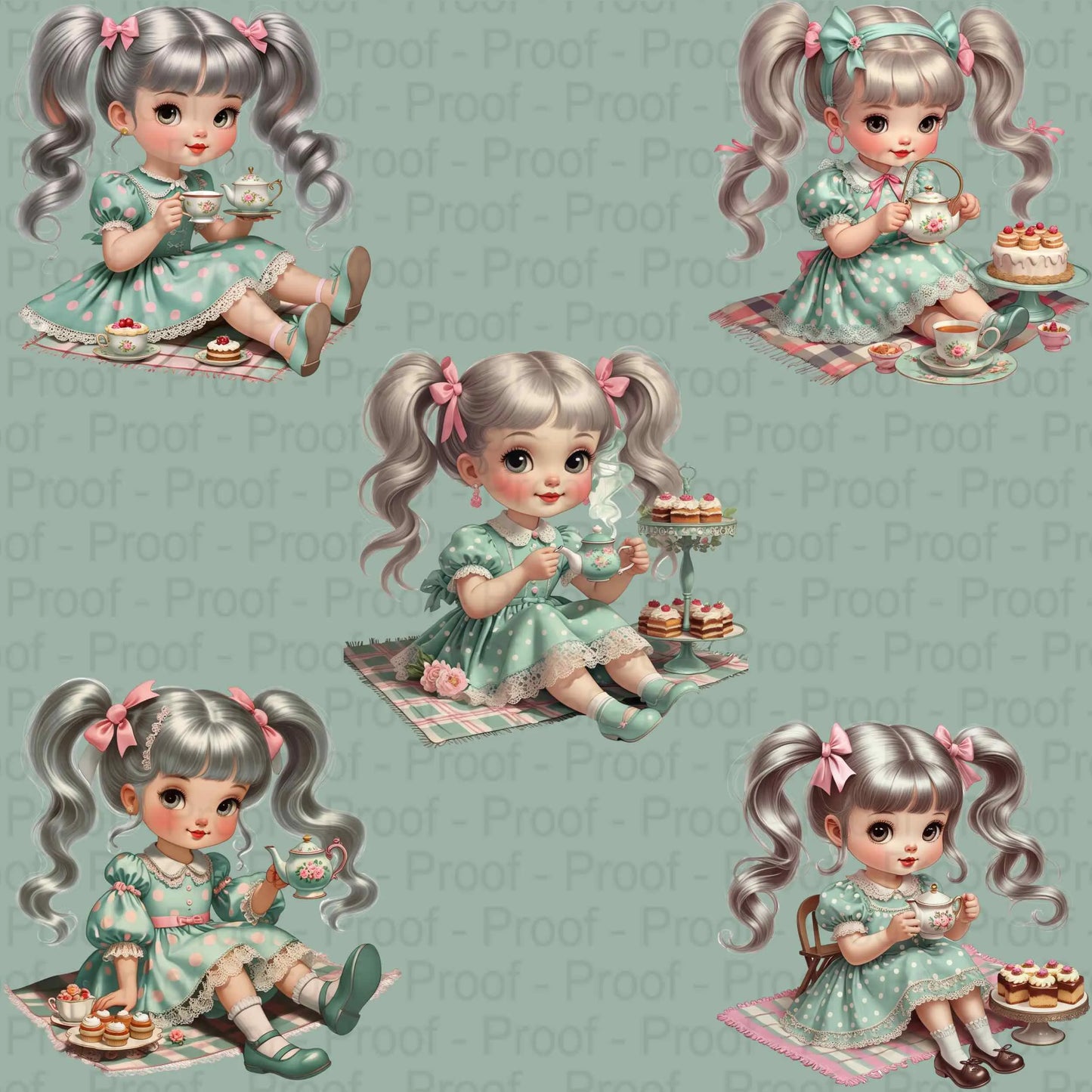 Tea Party Girl Clipart PNG Bundle – Vintage Pastel Dolls with Teacups & Cakes for Sublimation, T-Shirts, Tote Bags, High-Res PNG Digital File Style-Junction Custom Designs & Prints