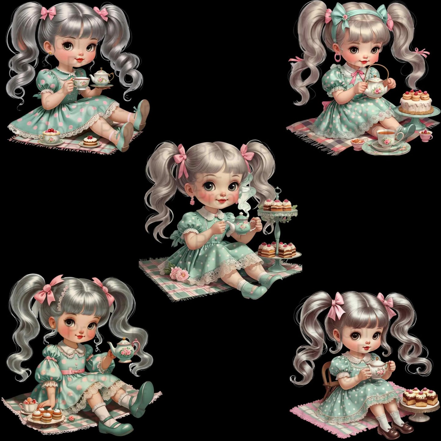 Tea Party Girl Clipart PNG Bundle – Vintage Pastel Dolls with Teacups & Cakes for Sublimation, T-Shirts, Tote Bags, High-Res PNG Digital File Style-Junction Custom Designs & Prints