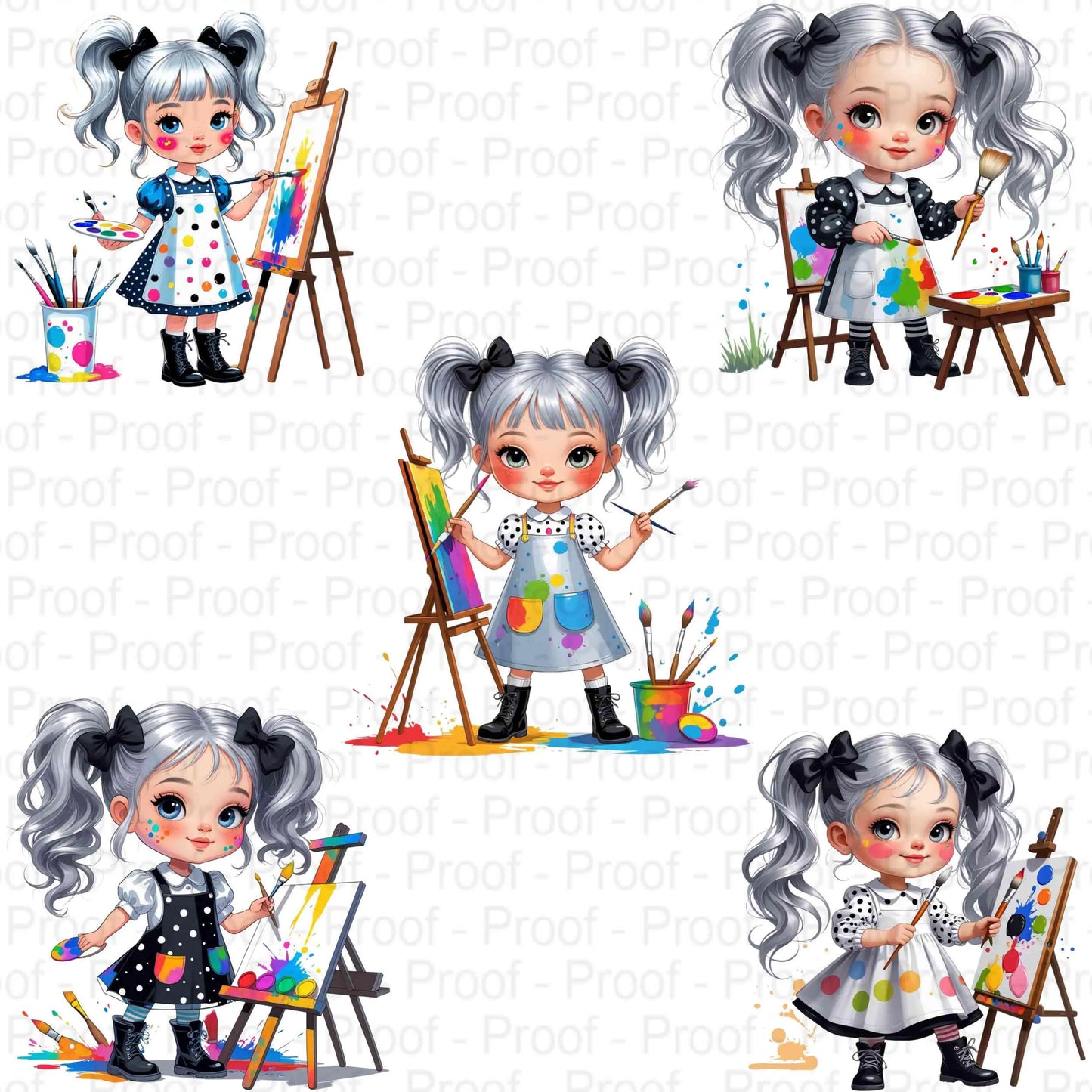 Mini Artist Girl PNG Bundle – 5 Whimsical Clipart Illustrations for Sublimation, Transparent High-Res PNGs for T-Shirts & Crafts Digital File Style-Junction Custom Designs & Prints