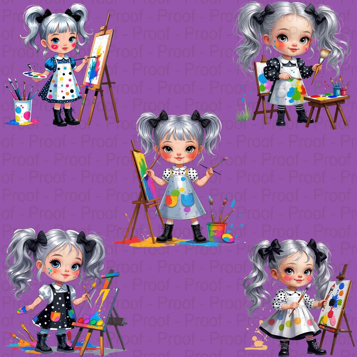 Mini Artist Girl PNG Bundle – 5 Whimsical Clipart Illustrations for Sublimation, Transparent High-Res PNGs for T-Shirts & Crafts Digital File Style-Junction Custom Designs & Prints
