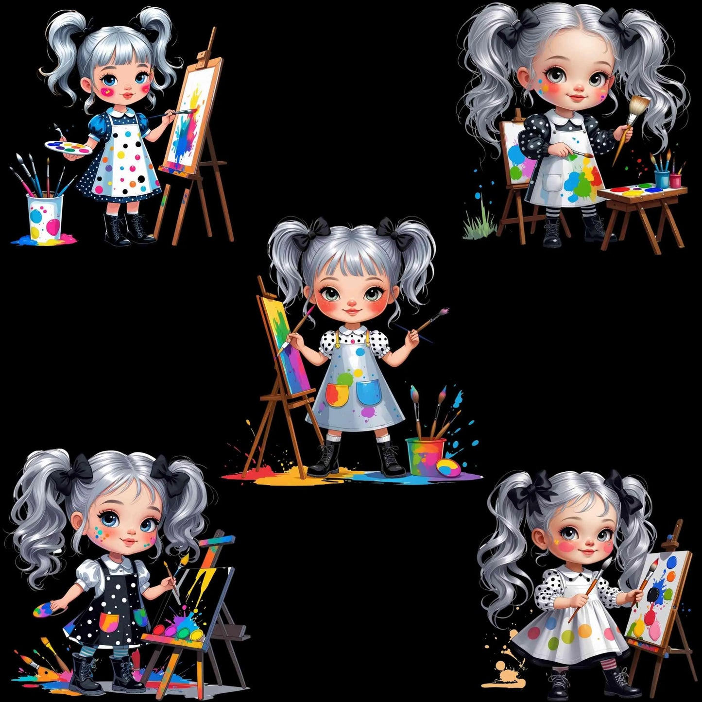 Mini Artist Girl PNG Bundle – 5 Whimsical Clipart Illustrations for Sublimation, Transparent High-Res PNGs for T-Shirts & Crafts Digital File Style-Junction Custom Designs & Prints
