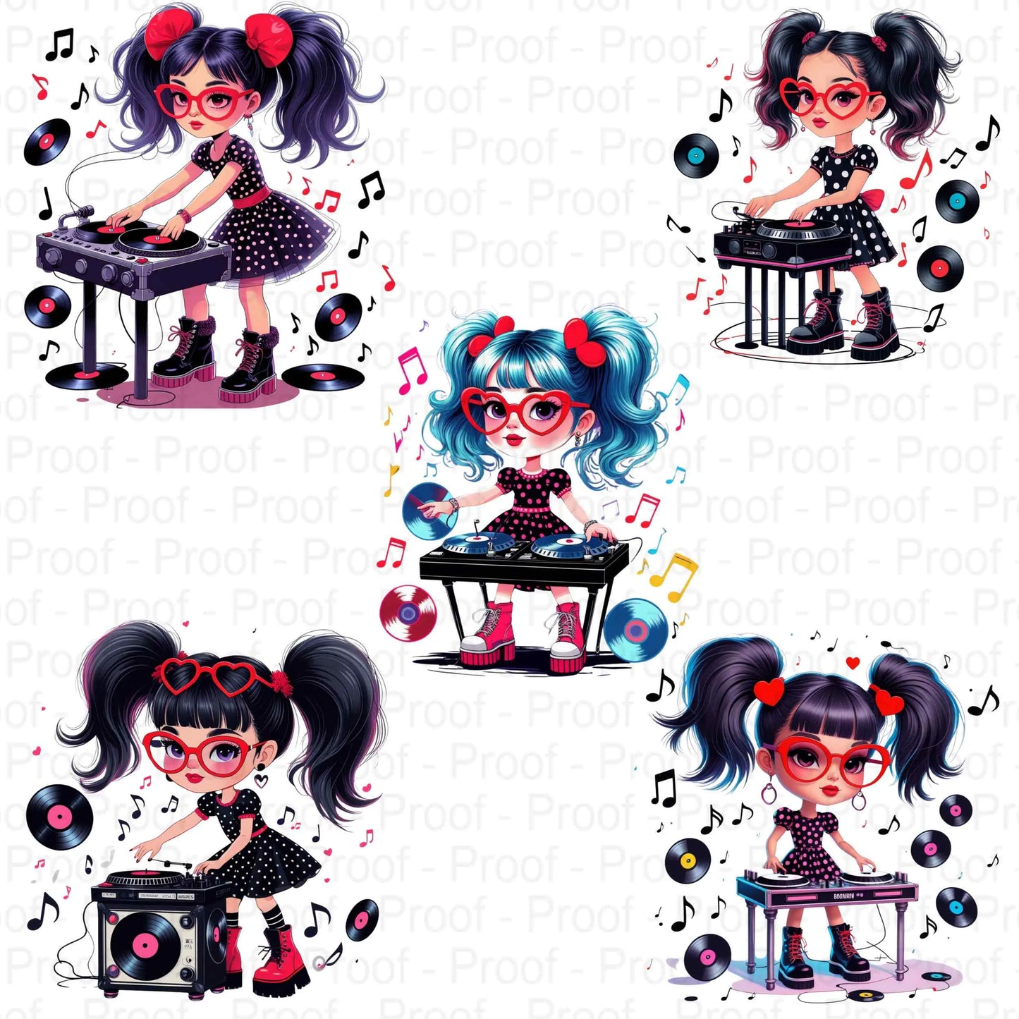 Retro DJ Girl PNG Bundle – 5 High-Res Transparent Clipart Files for Sublimation on Shirts, Mugs, Stickers, Tote Bags & Crafts Digital File Style-Junction Custom Designs & Prints