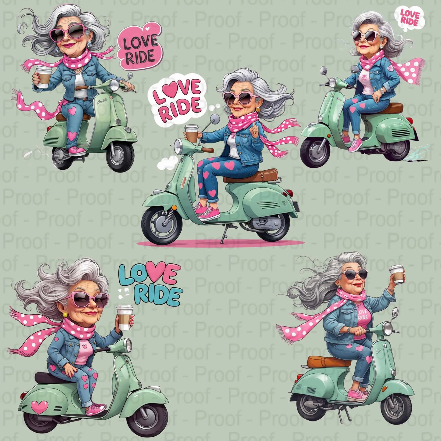 Cool Grandma on Scooter PNG Bundle | 5 Retro Coffee-Riding Nana Clipart Files | High-Res Transparent PNG for Sublimation & Apparel Digital File Style-Junction Custom Designs & Prints