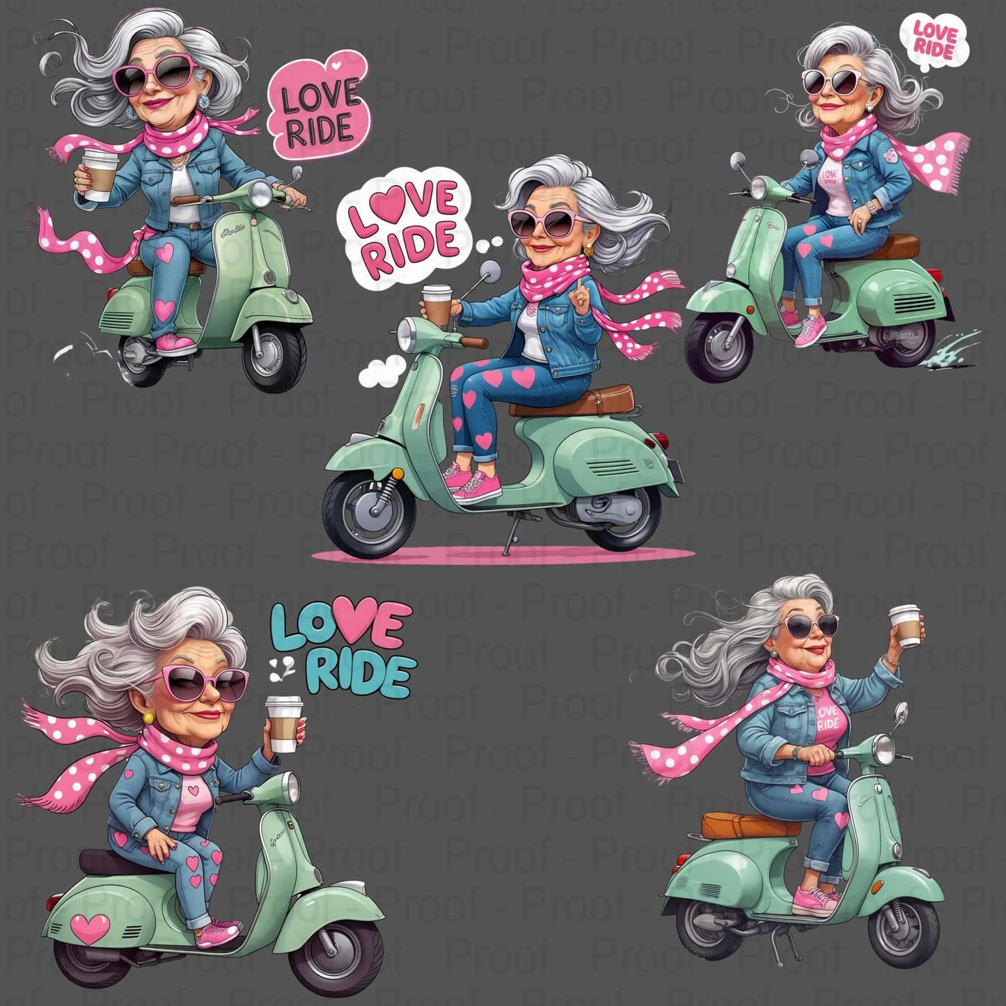 Cool Grandma on Scooter PNG Bundle | 5 Retro Coffee-Riding Nana Clipart Files | High-Res Transparent PNG for Sublimation & Apparel Digital File Style-Junction Custom Designs & Prints