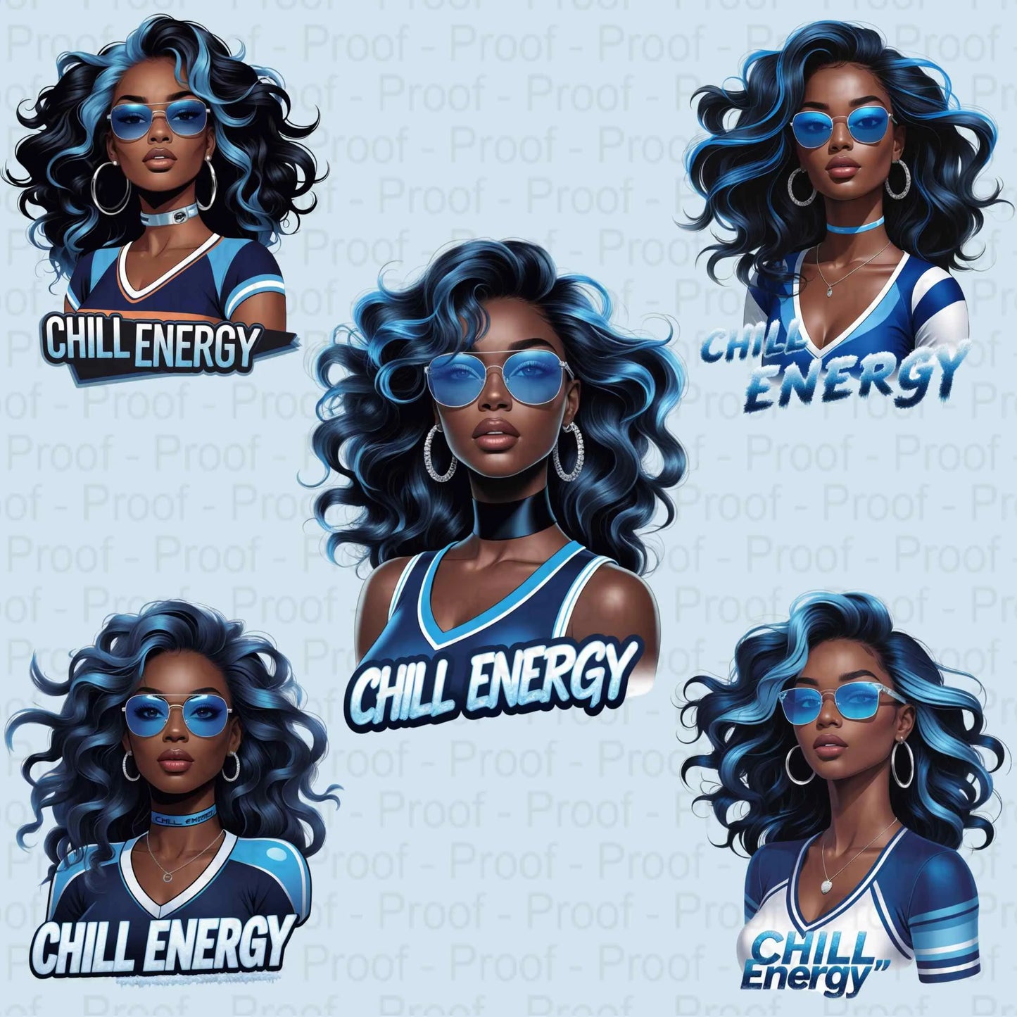 Chill Energy Ice Blue Afro Queen PNG Bundle | 5 High-Res Transparent Sublimation Clipart Files for T-Shirts, Hoodies, Mugs & More Digital File Style-Junction Custom Designs & Prints