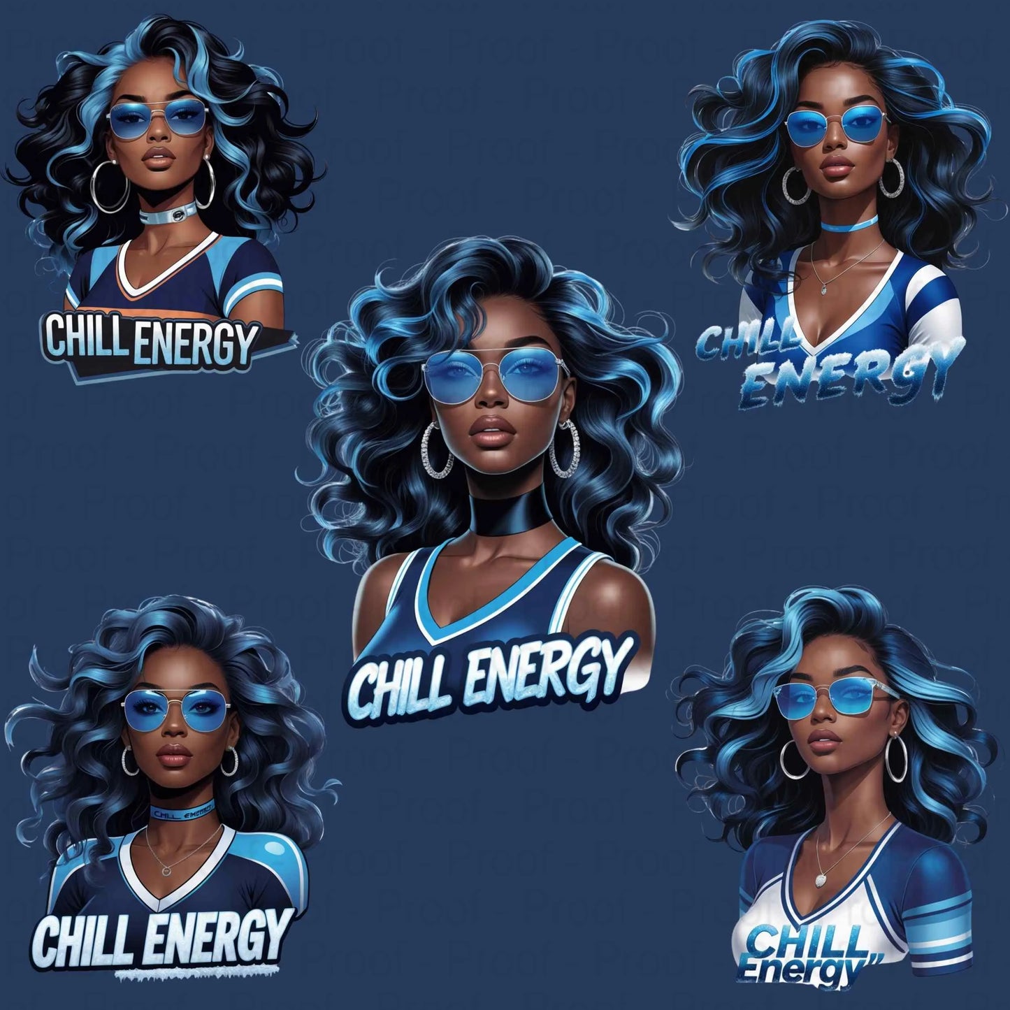 Chill Energy Ice Blue Afro Queen PNG Bundle | 5 High-Res Transparent Sublimation Clipart Files for T-Shirts, Hoodies, Mugs & More Digital File Style-Junction Custom Designs & Prints