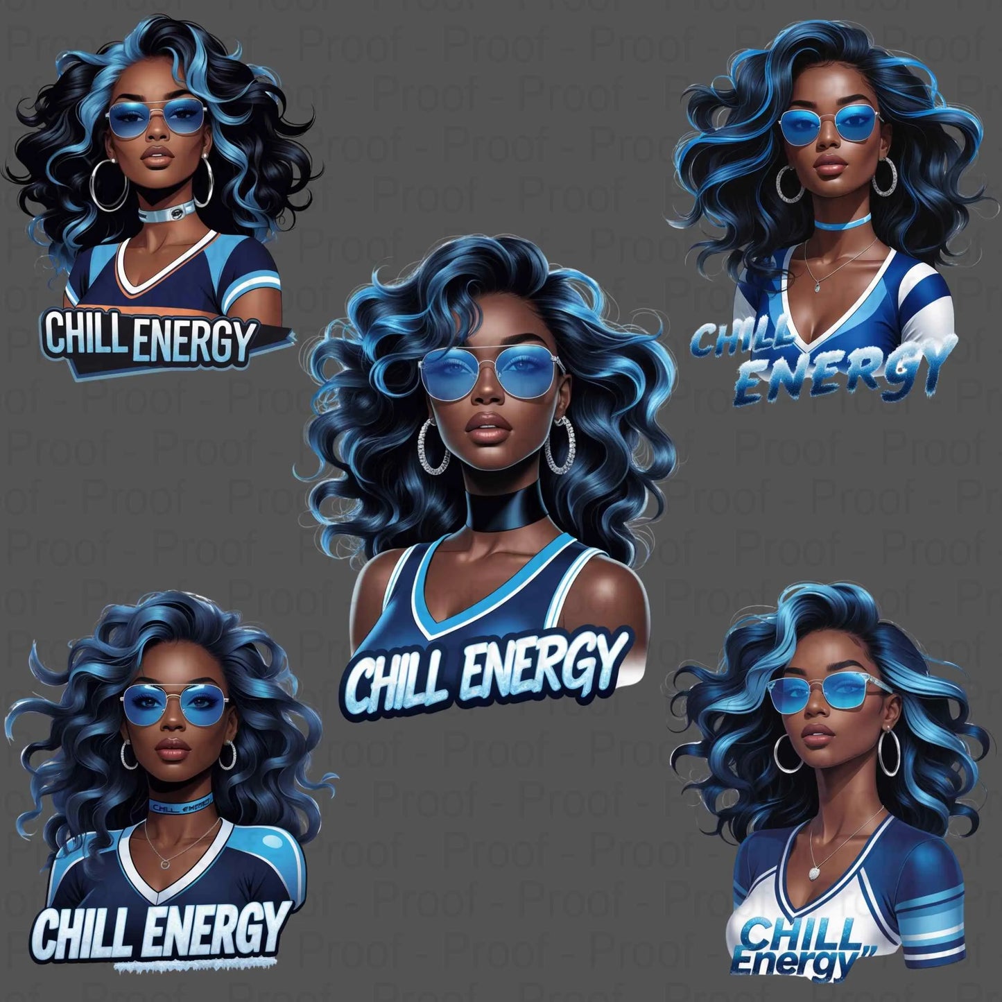 Chill Energy Ice Blue Afro Queen PNG Bundle | 5 High-Res Transparent Sublimation Clipart Files for T-Shirts, Hoodies, Mugs & More Digital File Style-Junction Custom Designs & Prints