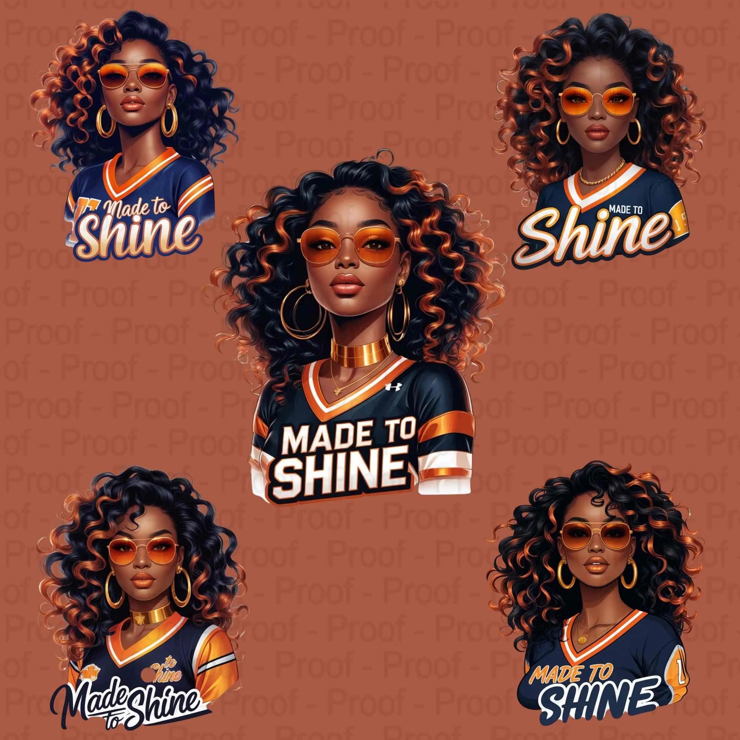 Made to Shine PNG Bundle | 5 Burnt Orange & Gold Afro Queen Clipart Files | High-Res Transparent PNG for Sublimation T-Shirts, Mugs More Digital File Style-Junction Custom Designs & Prints