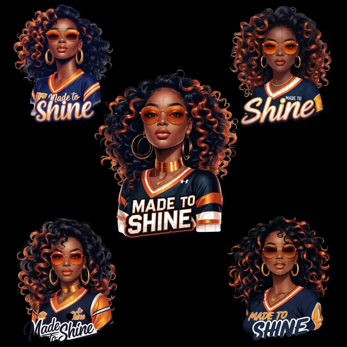 Made to Shine PNG Bundle | 5 Burnt Orange & Gold Afro Queen Clipart Files | High-Res Transparent PNG for Sublimation T-Shirts, Mugs More Digital File Style-Junction Custom Designs & Prints