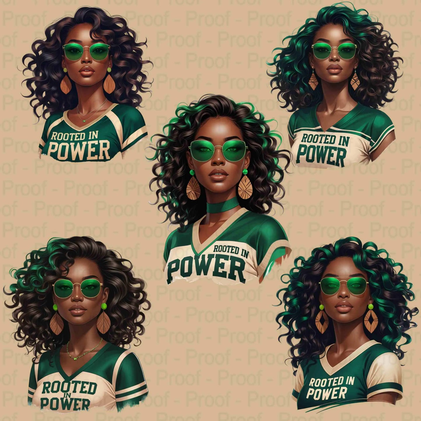 Rooted in Power PNG Bundle | 5 Emerald & Beige Afro Woman Clipart Files | High-Res Transparent Sublimation PNG for Shirts, Mugs, Totes Digital File Style-Junction Custom Designs & Prints
