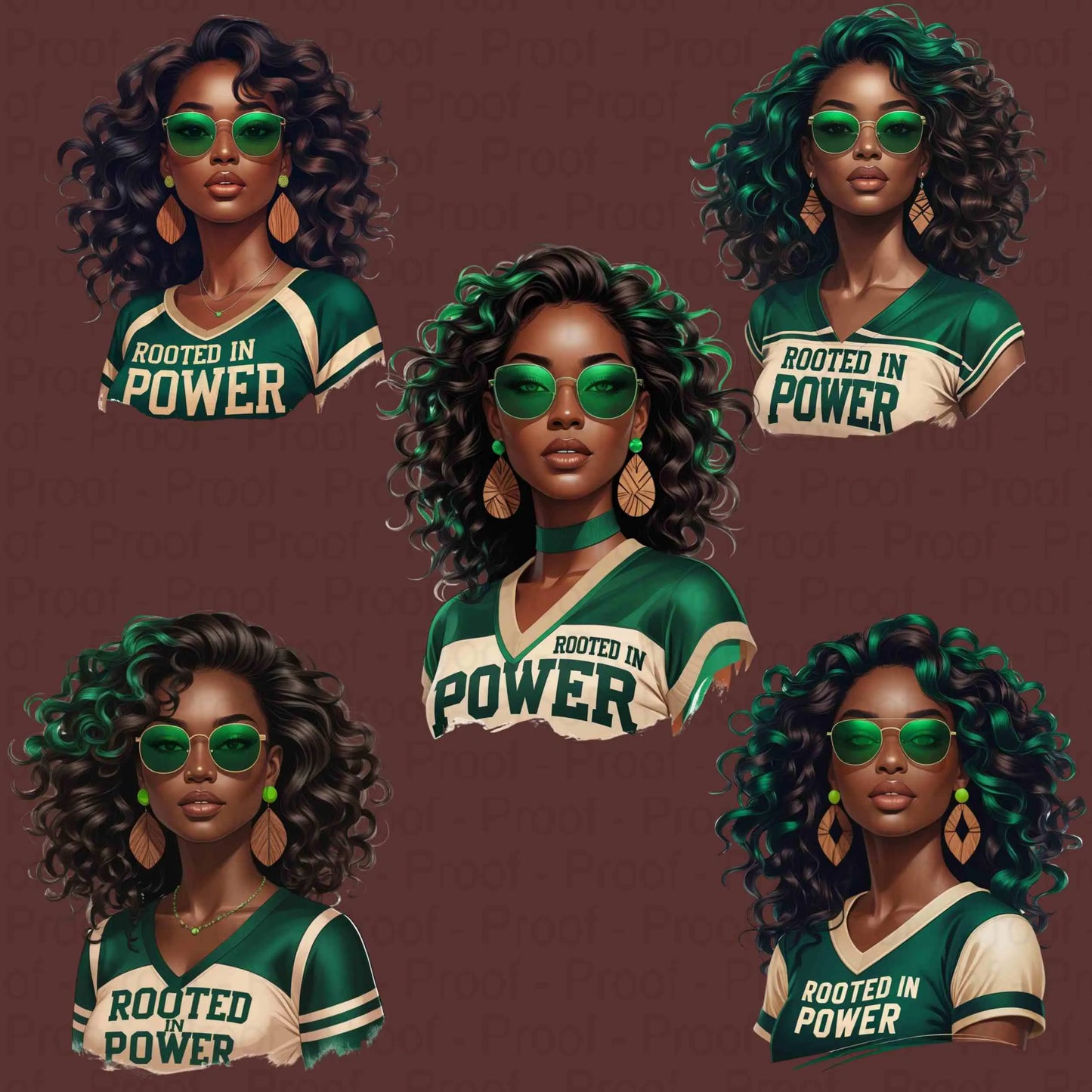 Rooted in Power PNG Bundle | 5 Emerald & Beige Afro Woman Clipart Files | High-Res Transparent Sublimation PNG for Shirts, Mugs, Totes Digital File Style-Junction Custom Designs & Prints