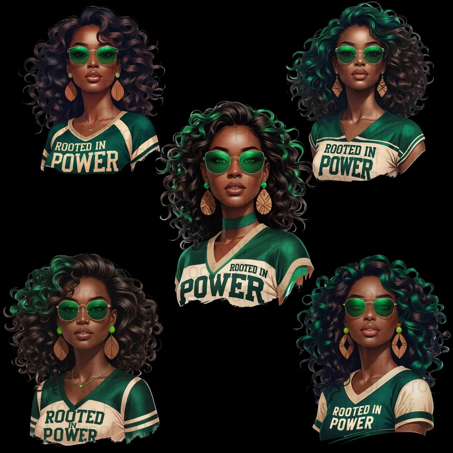 Rooted in Power PNG Bundle | 5 Emerald & Beige Afro Woman Clipart Files | High-Res Transparent Sublimation PNG for Shirts, Mugs, Totes Digital File Style-Junction Custom Designs & Prints