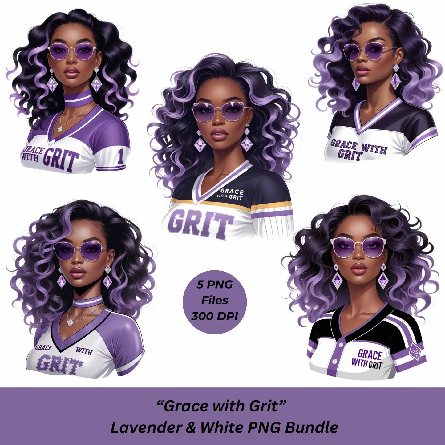 Grace with Grit PNG Bundle | 5 Lavender & White Afro Woman Clipart Files | High-Res Transparent Sublimation PNG for Shirts, Mugs, Totes Digital File Style-Junction Custom Designs & Prints